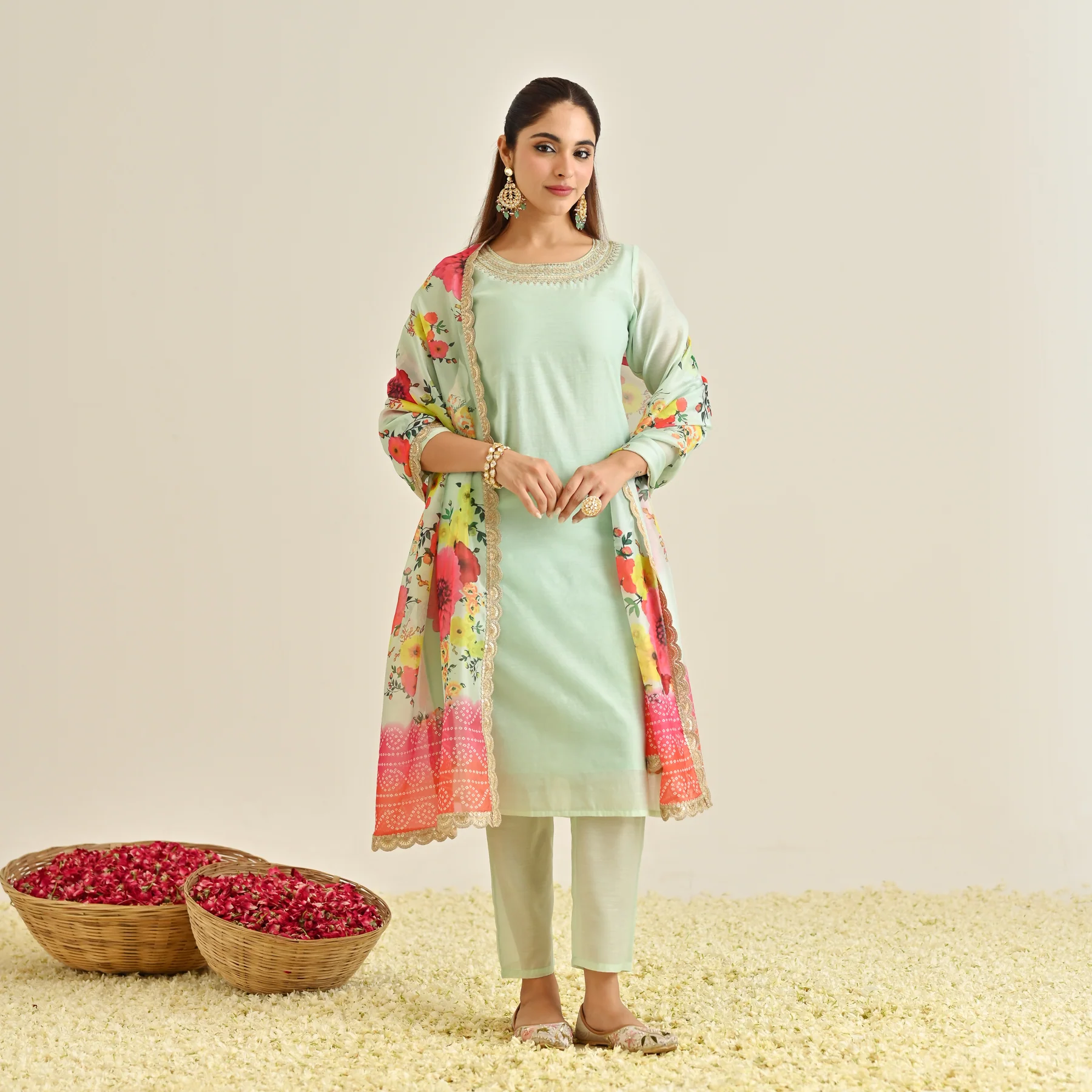 Mint Festive Embroidered Kurta Set with Printed Dupatta & Round Yoke Detail - Image 3