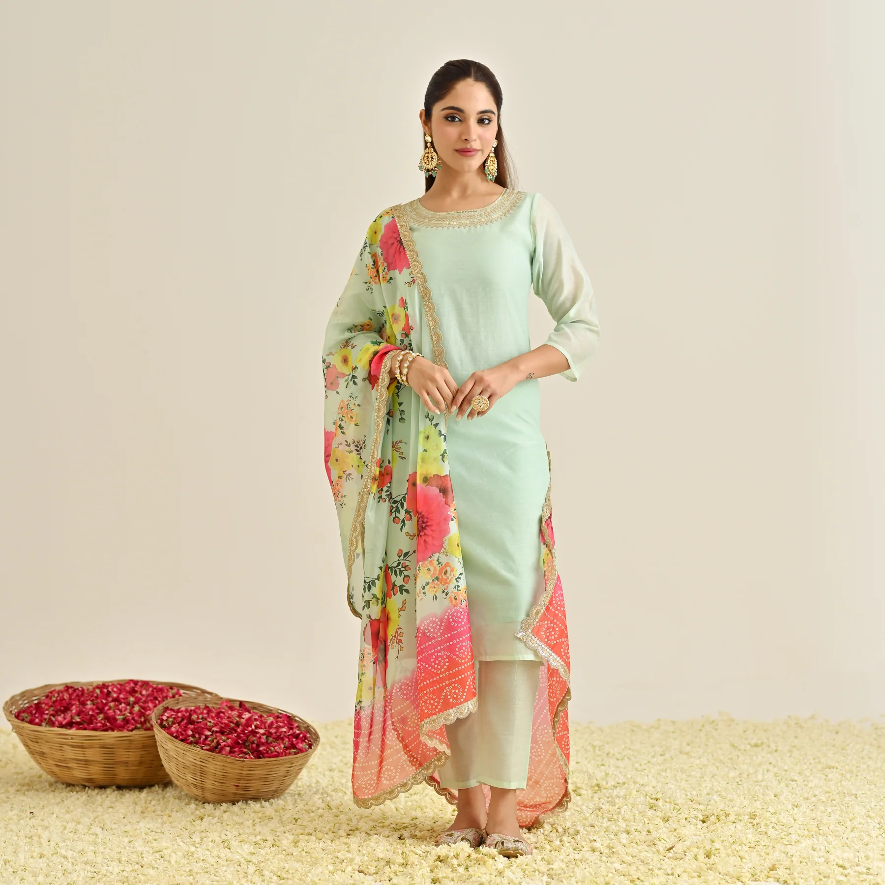 Mint Festive Embroidered Kurta Set with Printed Dupatta & Round Yoke Detail - Image 4