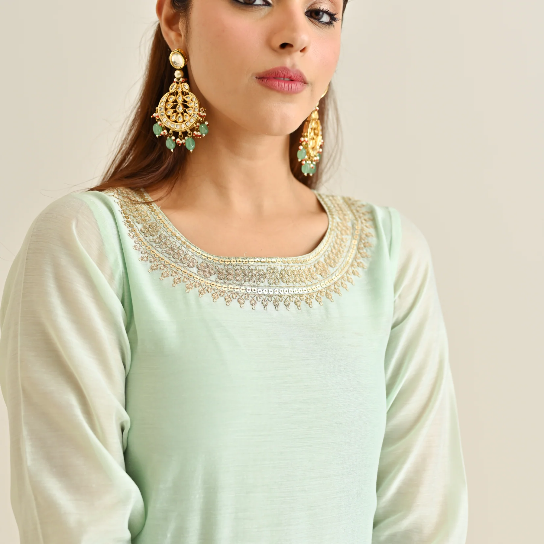 Mint Festive Embroidered Kurta Set with Printed Dupatta & Round Yoke Detail - Image 5