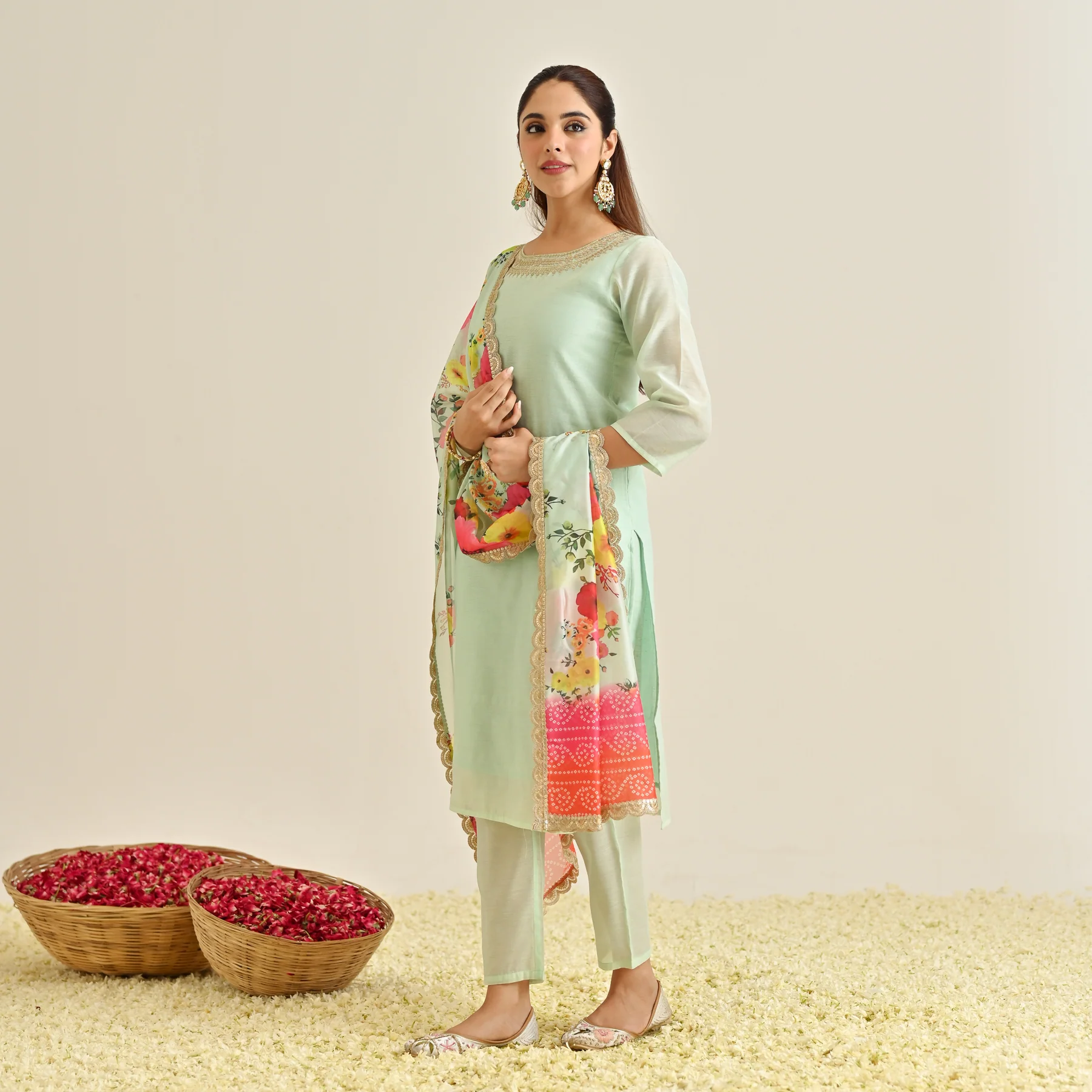 Mint Festive Embroidered Kurta Set with Printed Dupatta & Round Yoke Detail - Image 6