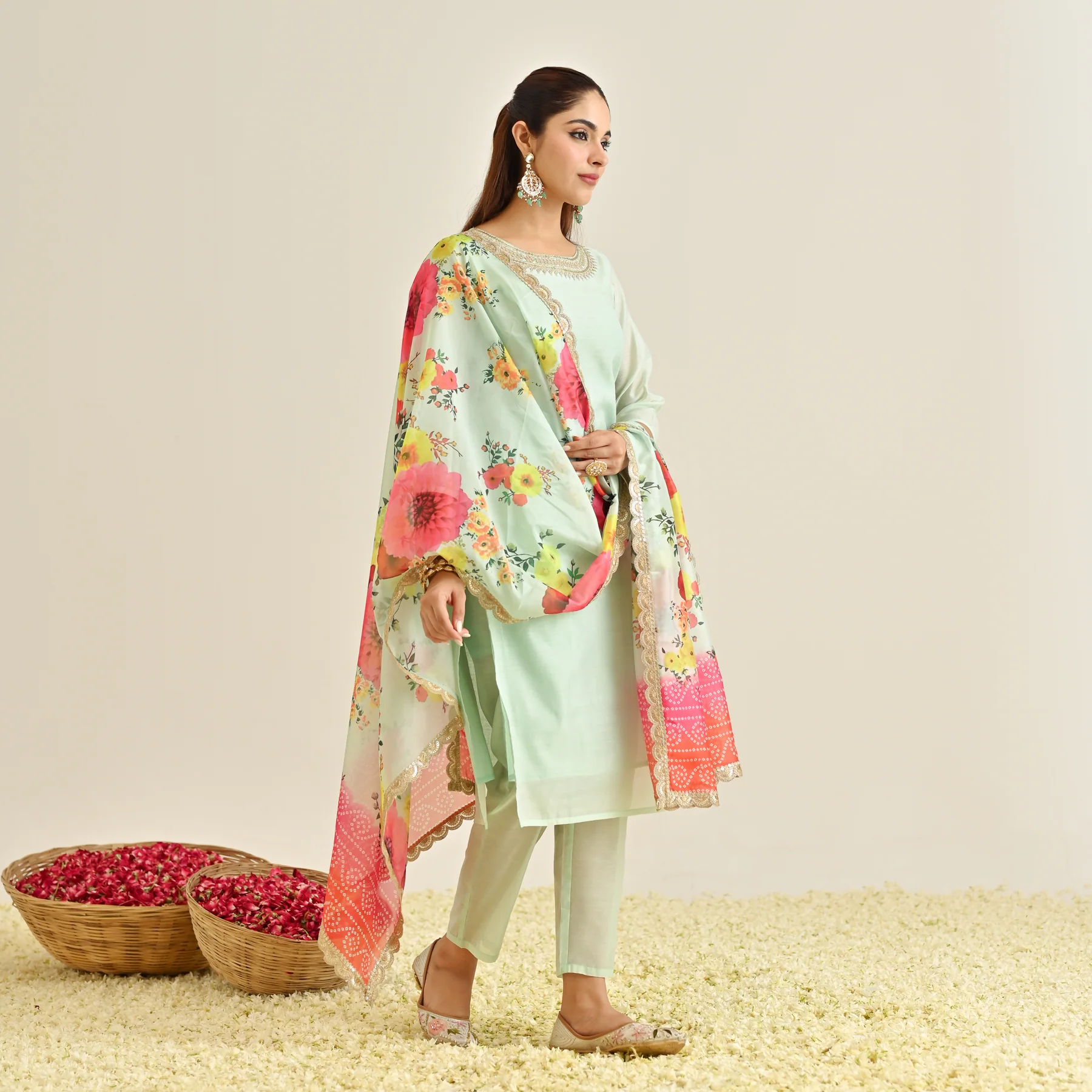 Mint Festive Embroidered Kurta Set with Printed Dupatta & Round Yoke Detail - Image 7
