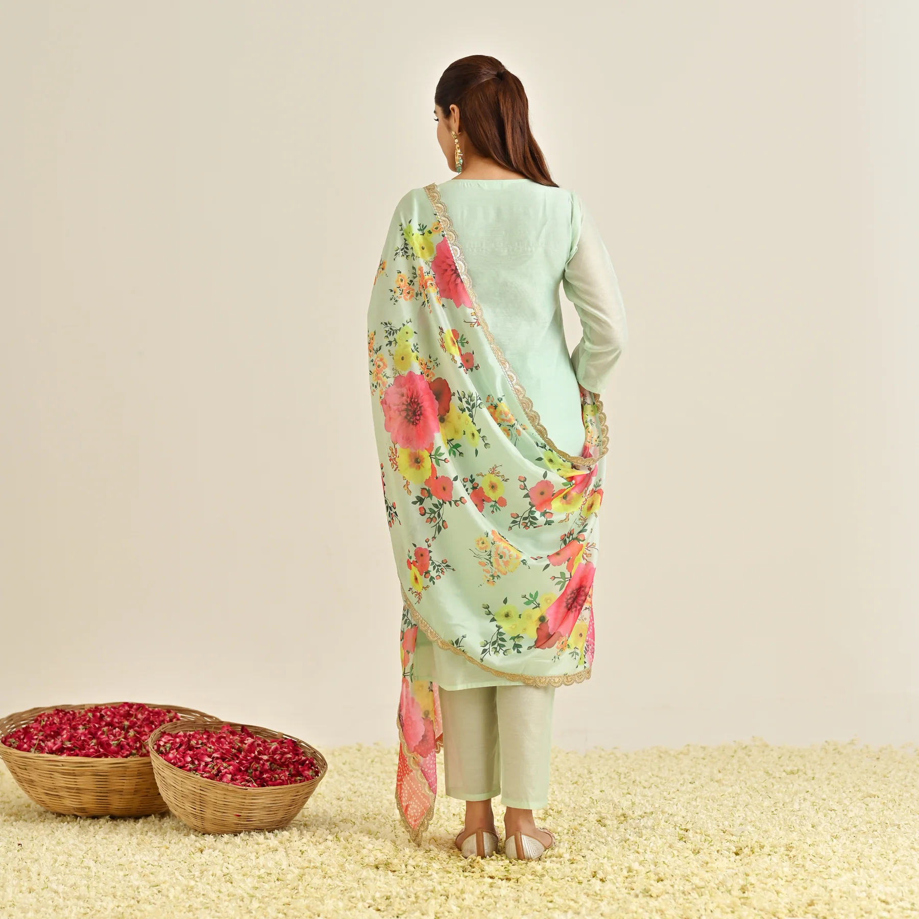 Mint Festive Embroidered Kurta Set with Printed Dupatta & Round Yoke Detail - Image 8