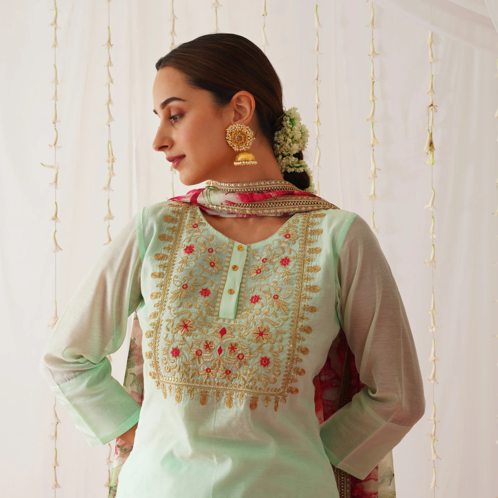 Mint Green Embroidered Chanderi Kurta Set for Women - Image 2