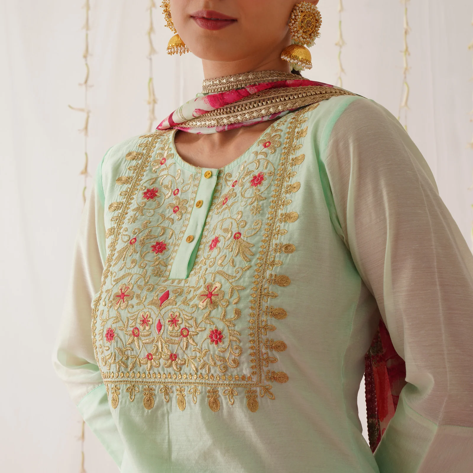 Mint Green Embroidered Chanderi Kurta Set for Women - Image 3