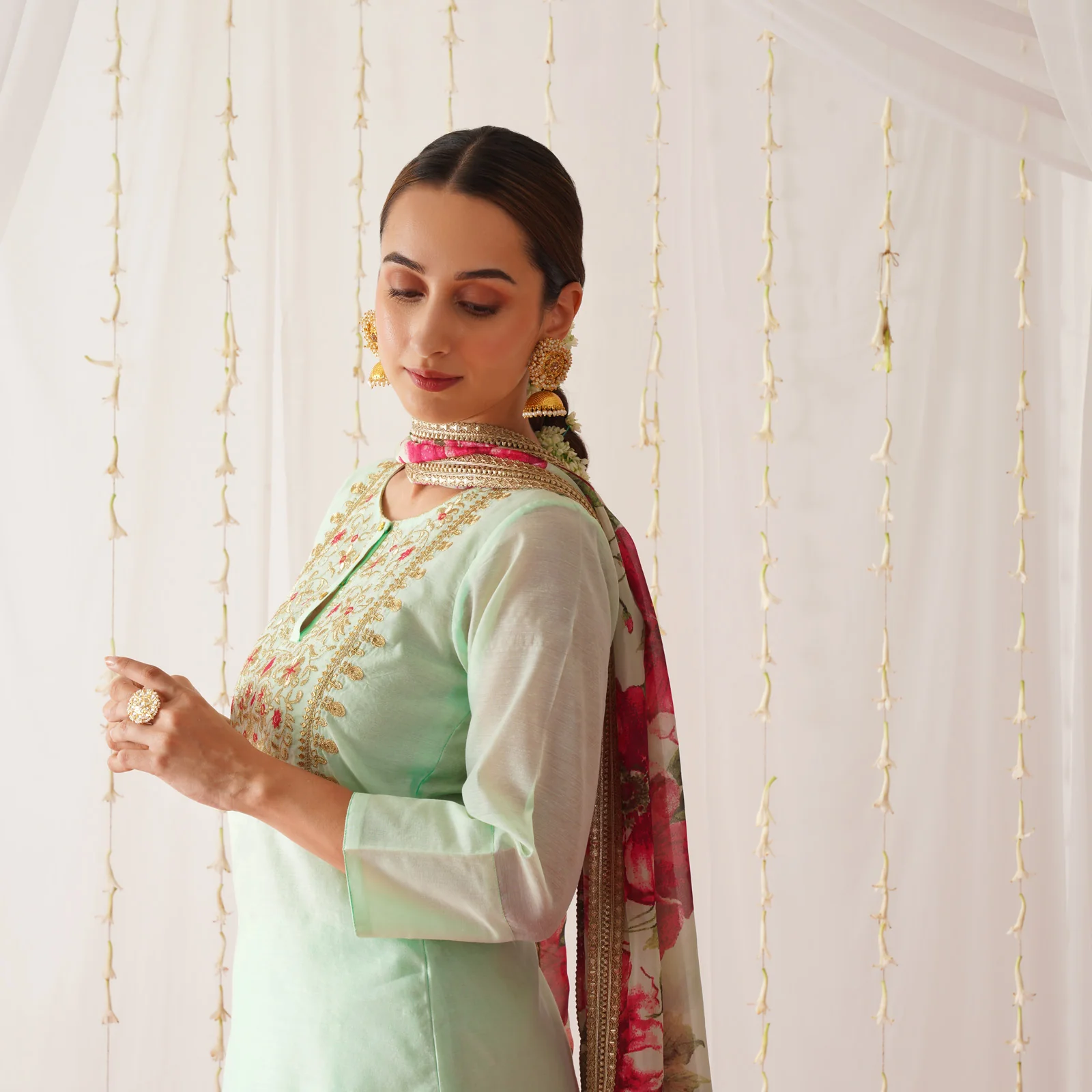 Mint Green Embroidered Chanderi Kurta Set for Women - Image 4