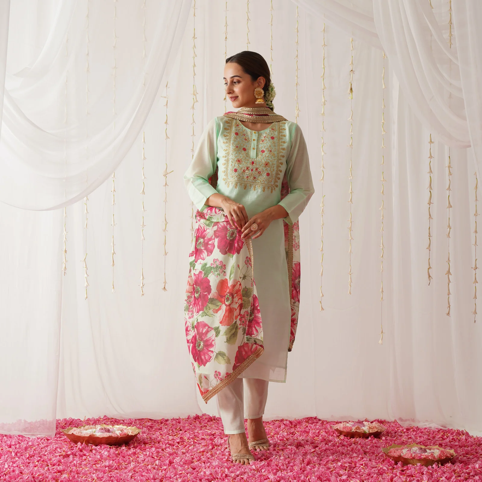 Mint Green Embroidered Chanderi Kurta Set for Women - Image 5
