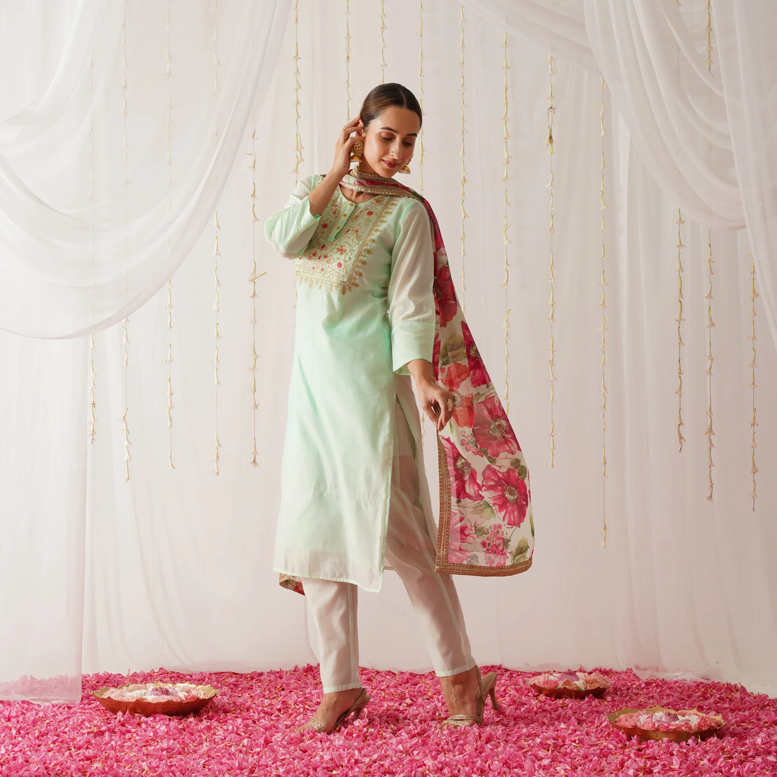 Mint Green Embroidered Chanderi Kurta Set for Women - Image 6