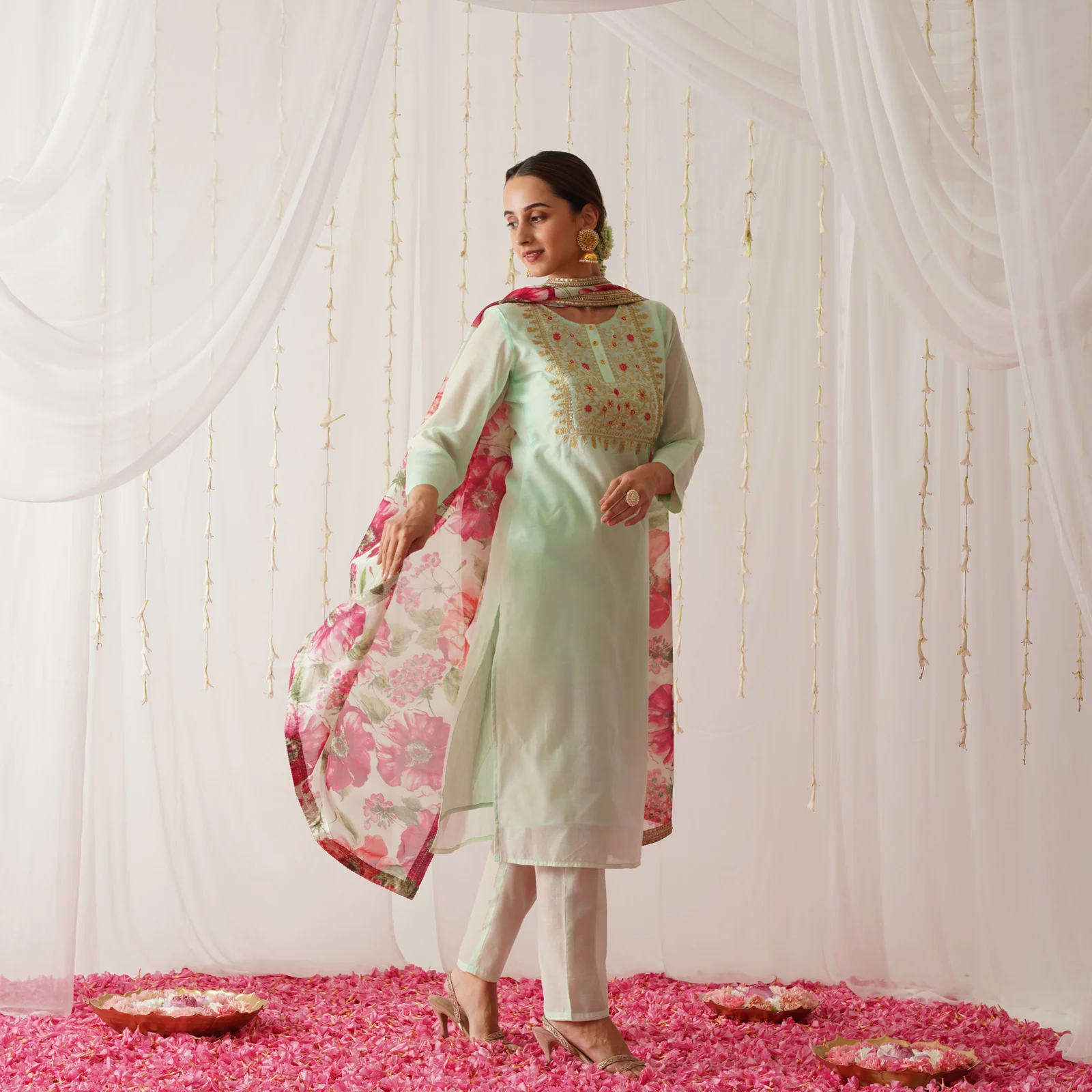 Mint Green Embroidered Chanderi Kurta Set for Women - Image 7