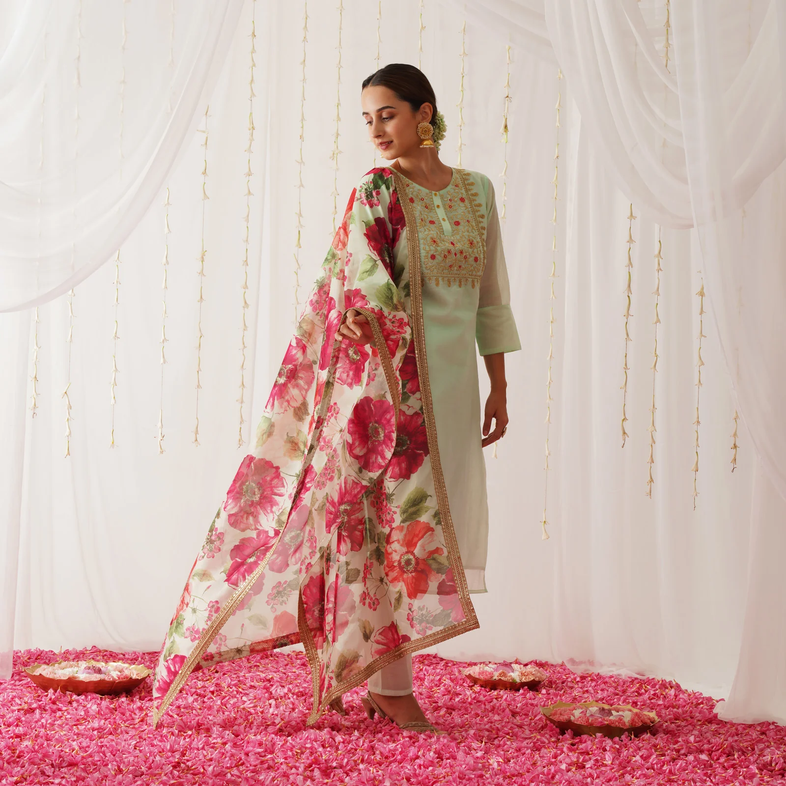 Mint Green Embroidered Chanderi Kurta Set for Women - Image 8