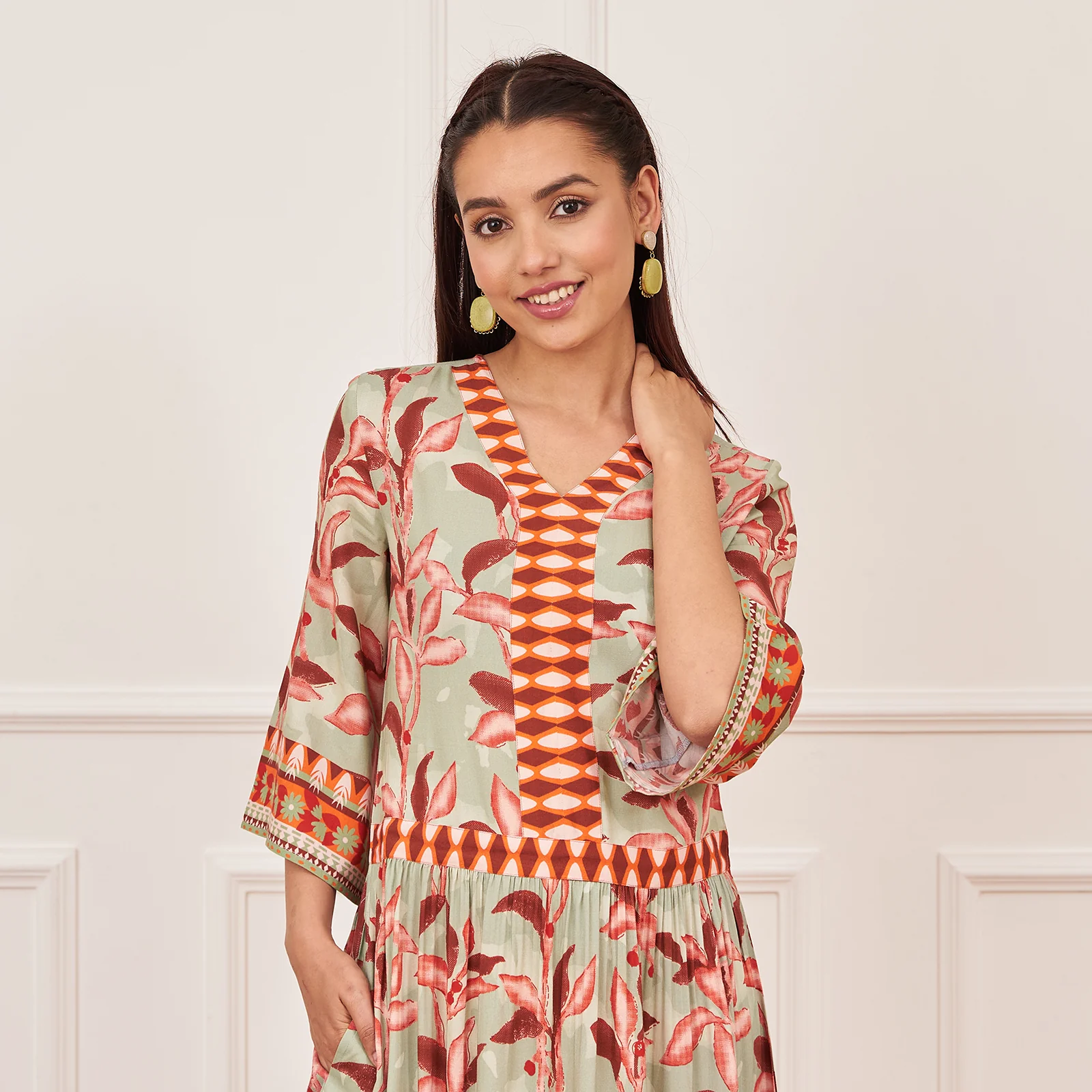 Mint Green Leaf Print Tiered Dress - Image 6