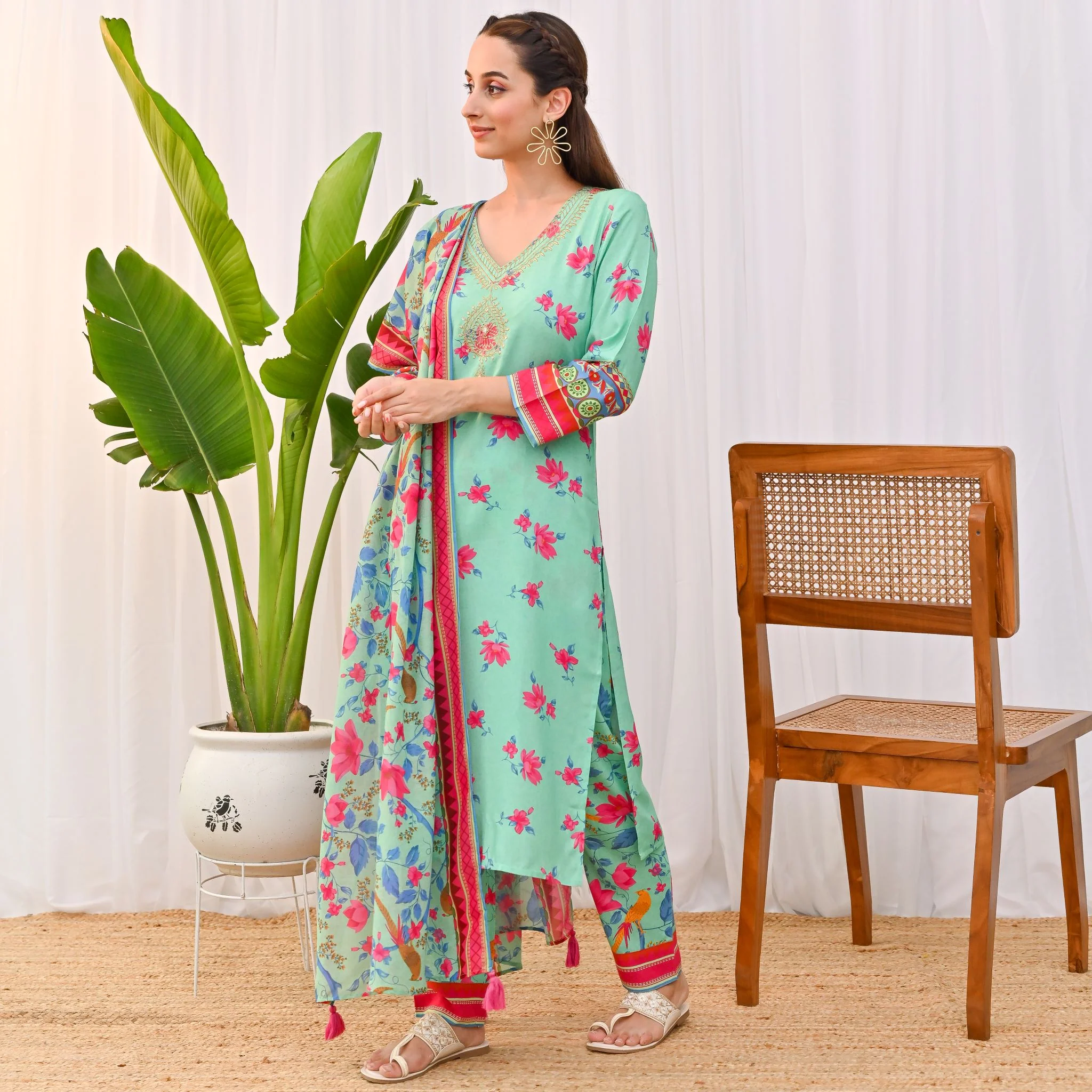 Mint Green Lotus Printed Salwar Kurta Set with Dupatta & Neck Embroidery Detail - Image 3