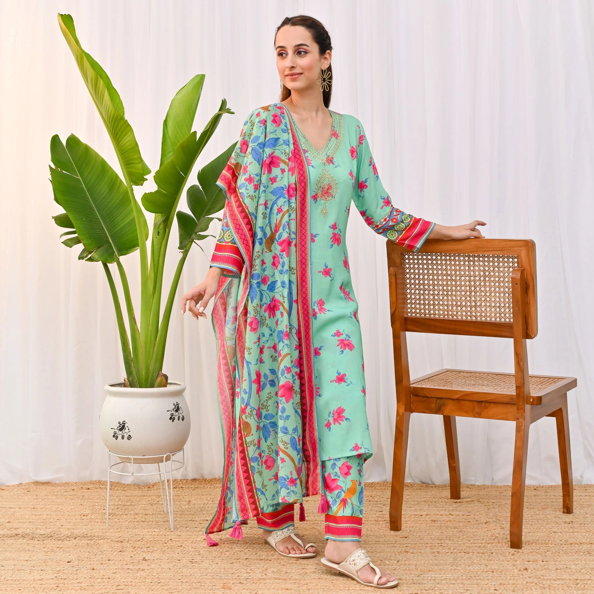Mint Green Lotus Printed Salwar Kurta Set with Dupatta & Neck Embroidery Detail - Image 4