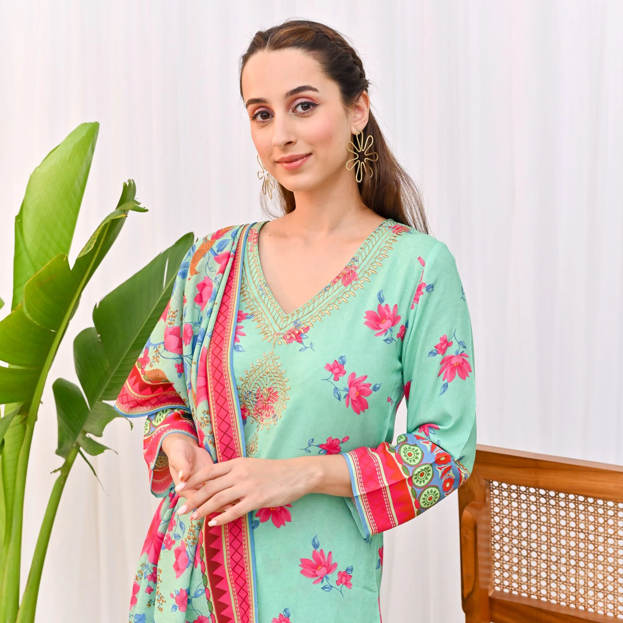 Mint Green Lotus Printed Salwar Kurta Set with Dupatta & Neck Embroidery Detail - Image 5