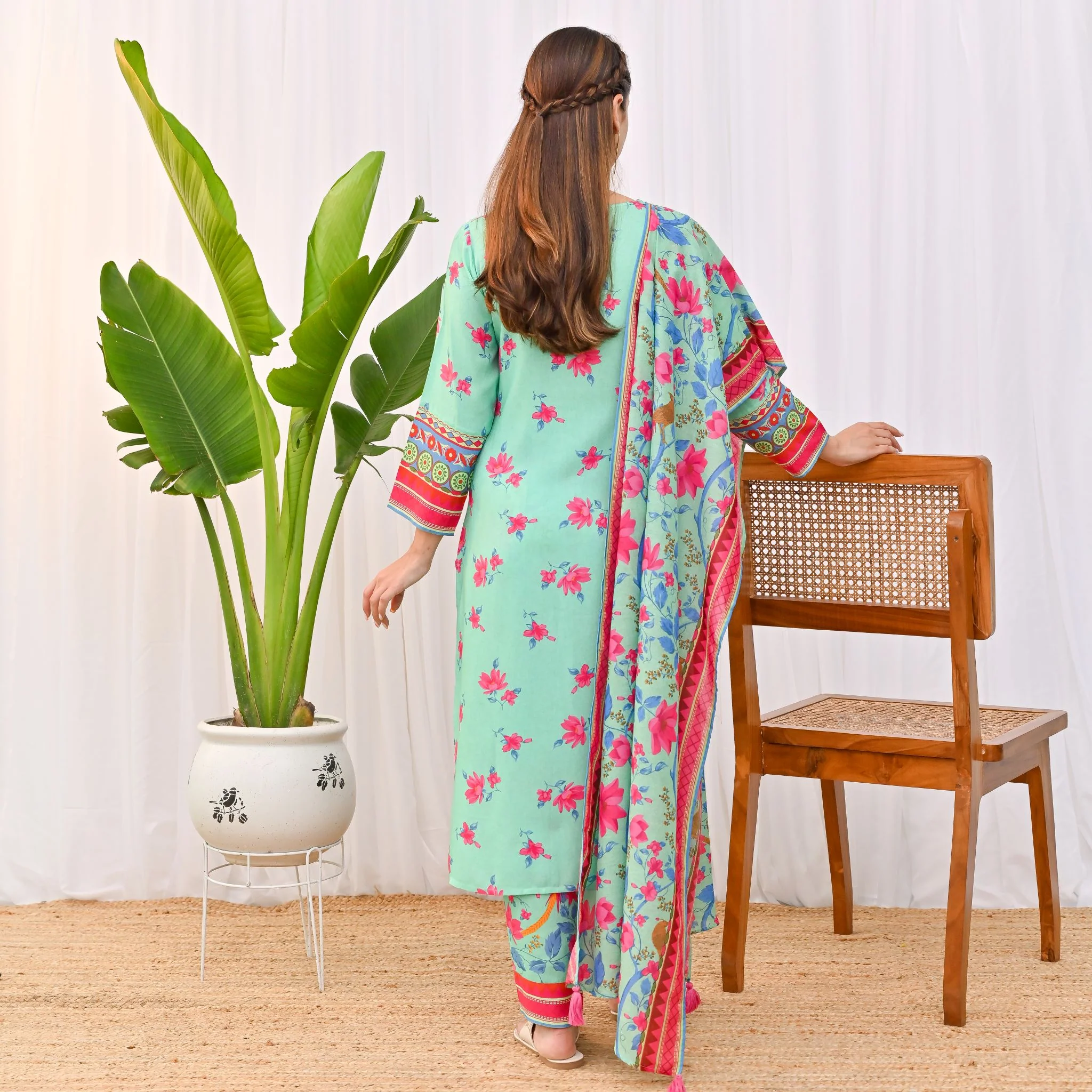 Mint Green Lotus Printed Salwar Kurta Set with Dupatta & Neck Embroidery Detail - Image 6