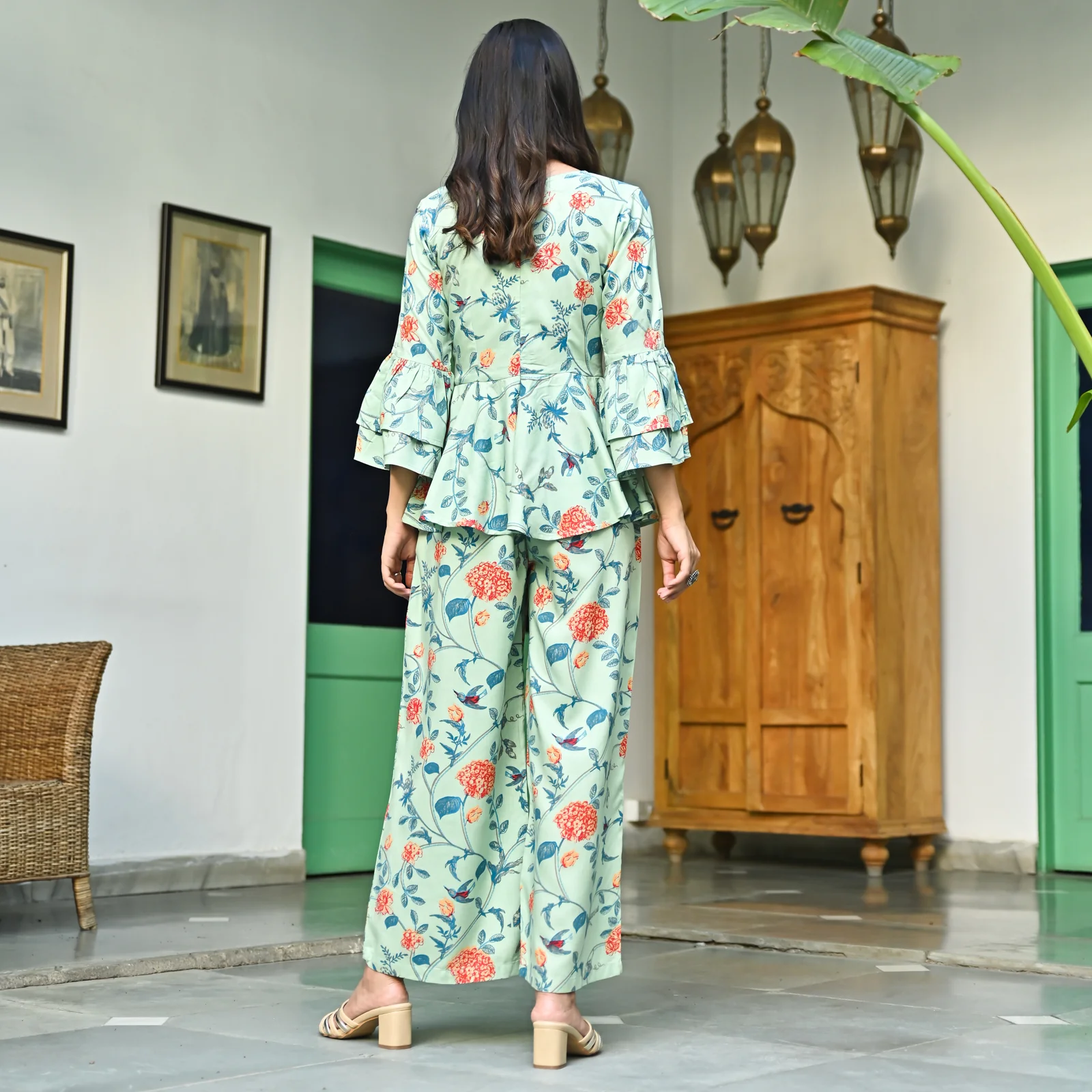 Mint Green Peplum Styled Jumpsuit with Flutter Sleeves - Image 7