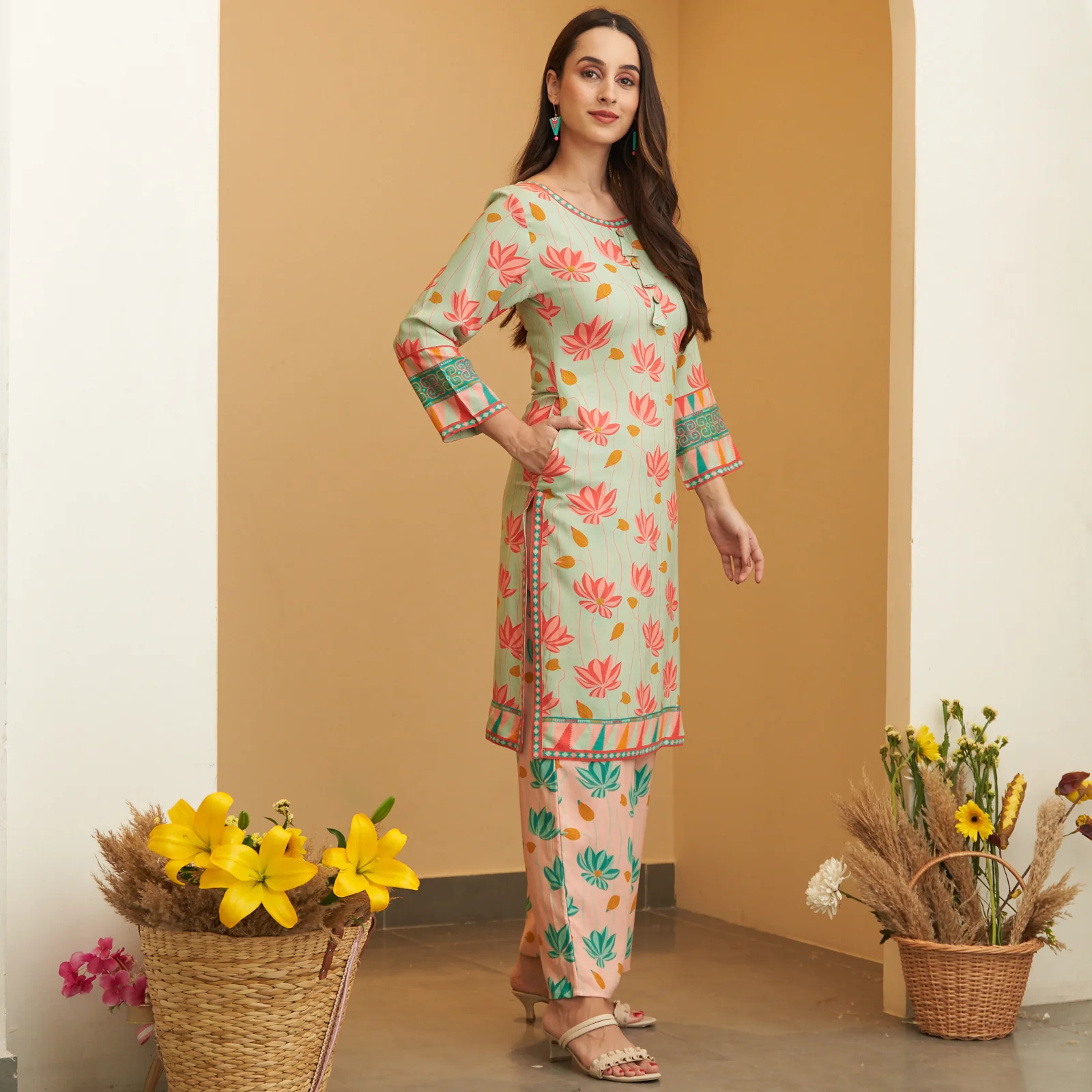 Mint Green Pink Lotus Print Kurta Pant Co-ord Set - Image 3