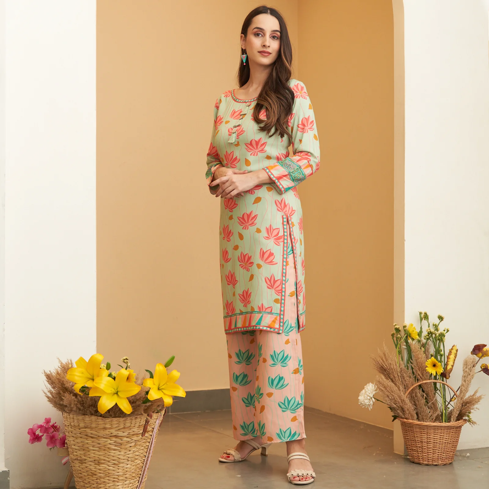 Mint Green Pink Lotus Print Kurta Pant Co-ord Set - Image 4