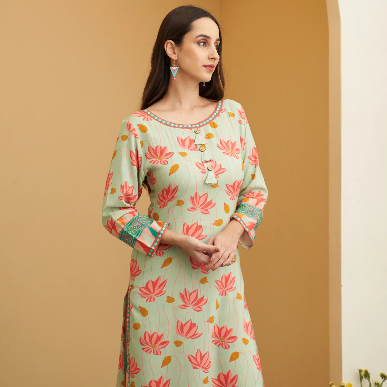 Mint Green Pink Lotus Print Kurta Pant Co-ord Set - Image 5
