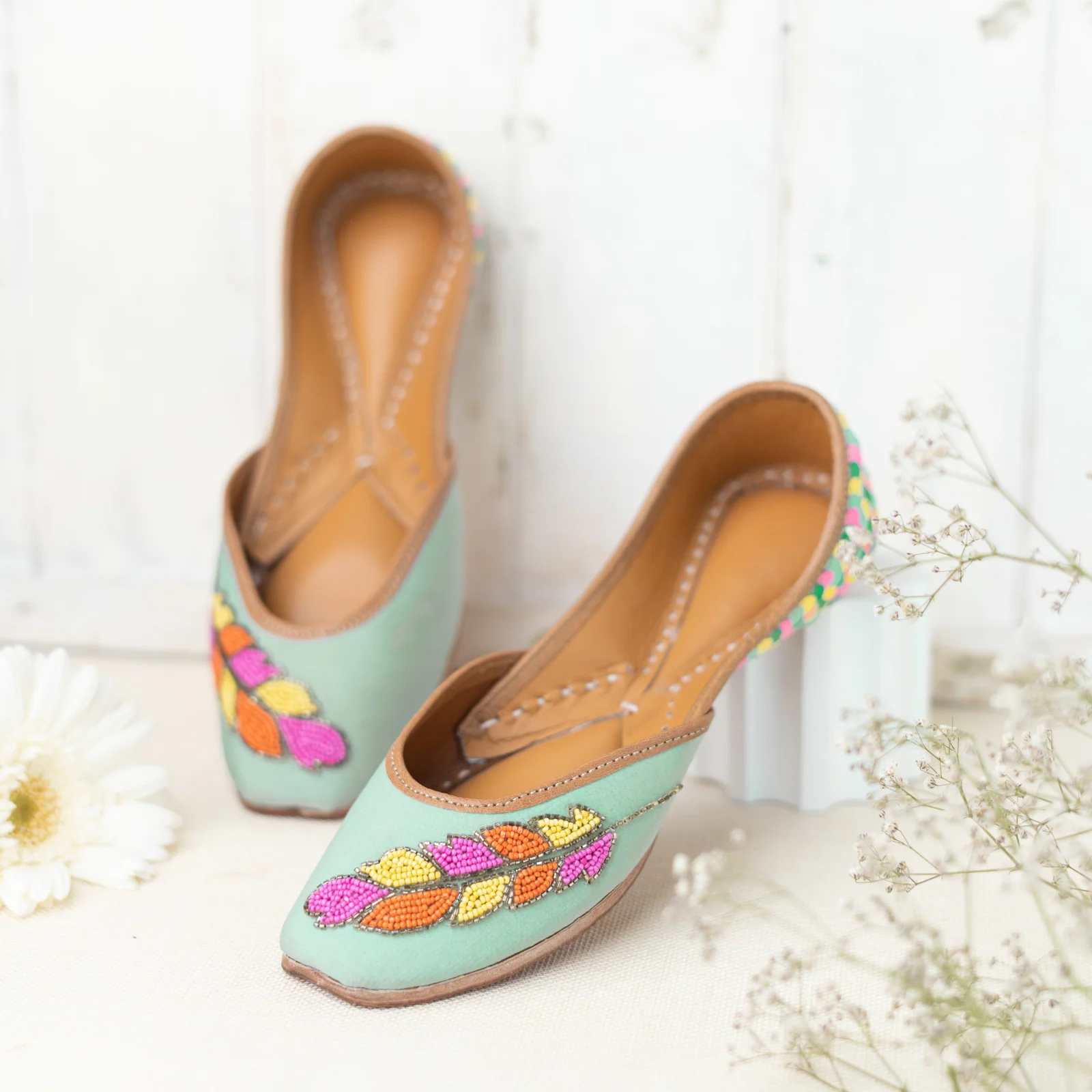 Mint Green Sequins and Beaded Leaf Jutti - Image 3