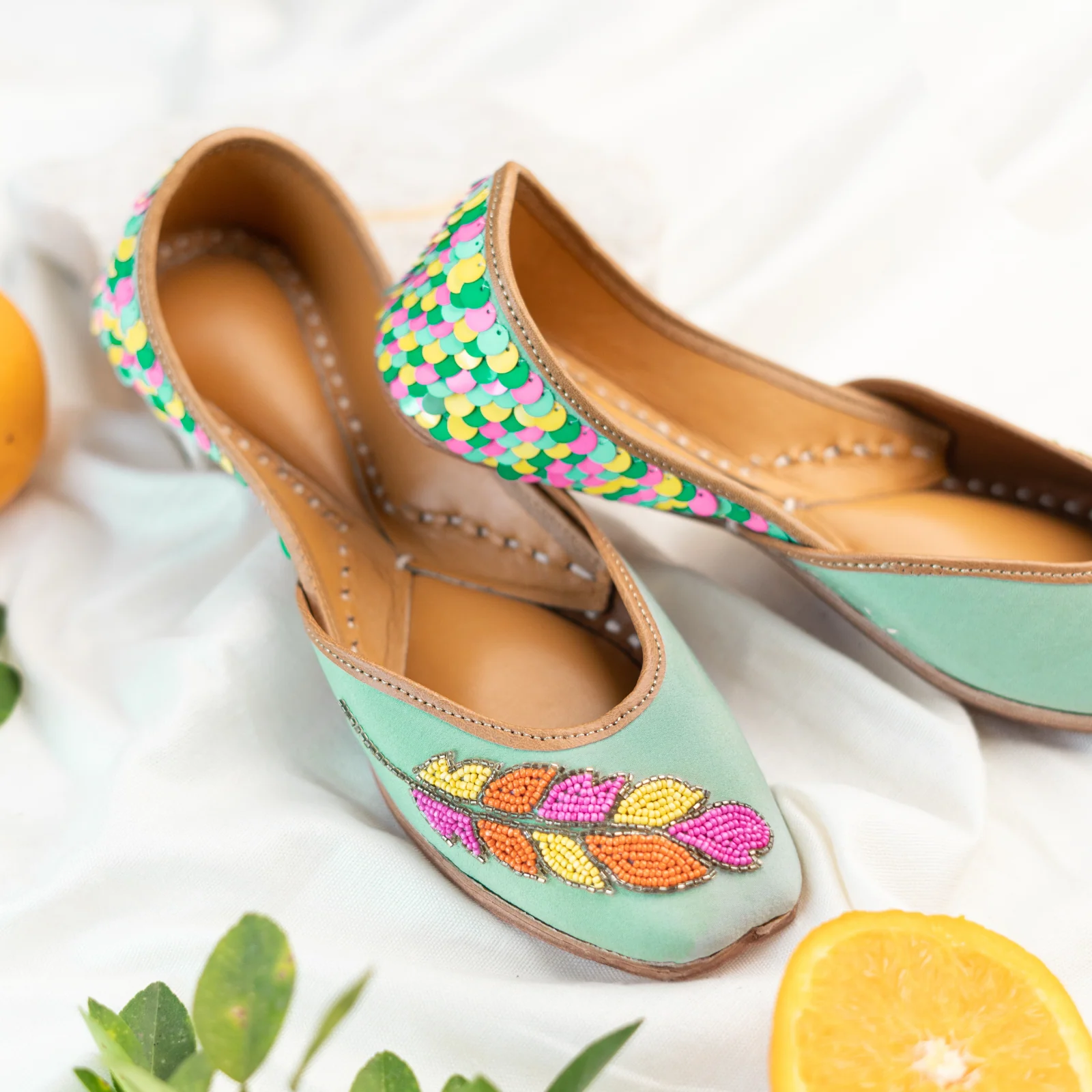 Mint Green Sequins and Beaded Leaf Jutti - Image 4