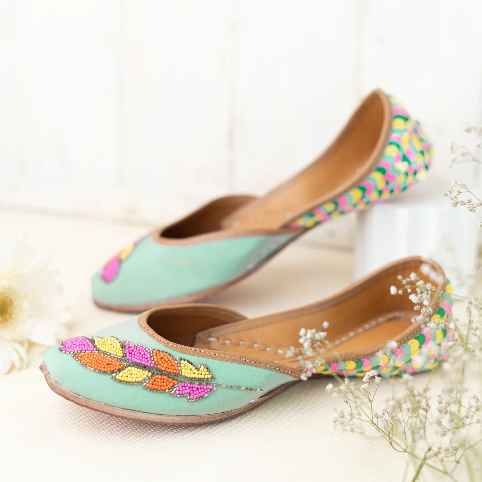 Mint Green Sequins and Beaded Leaf Jutti - Image 5