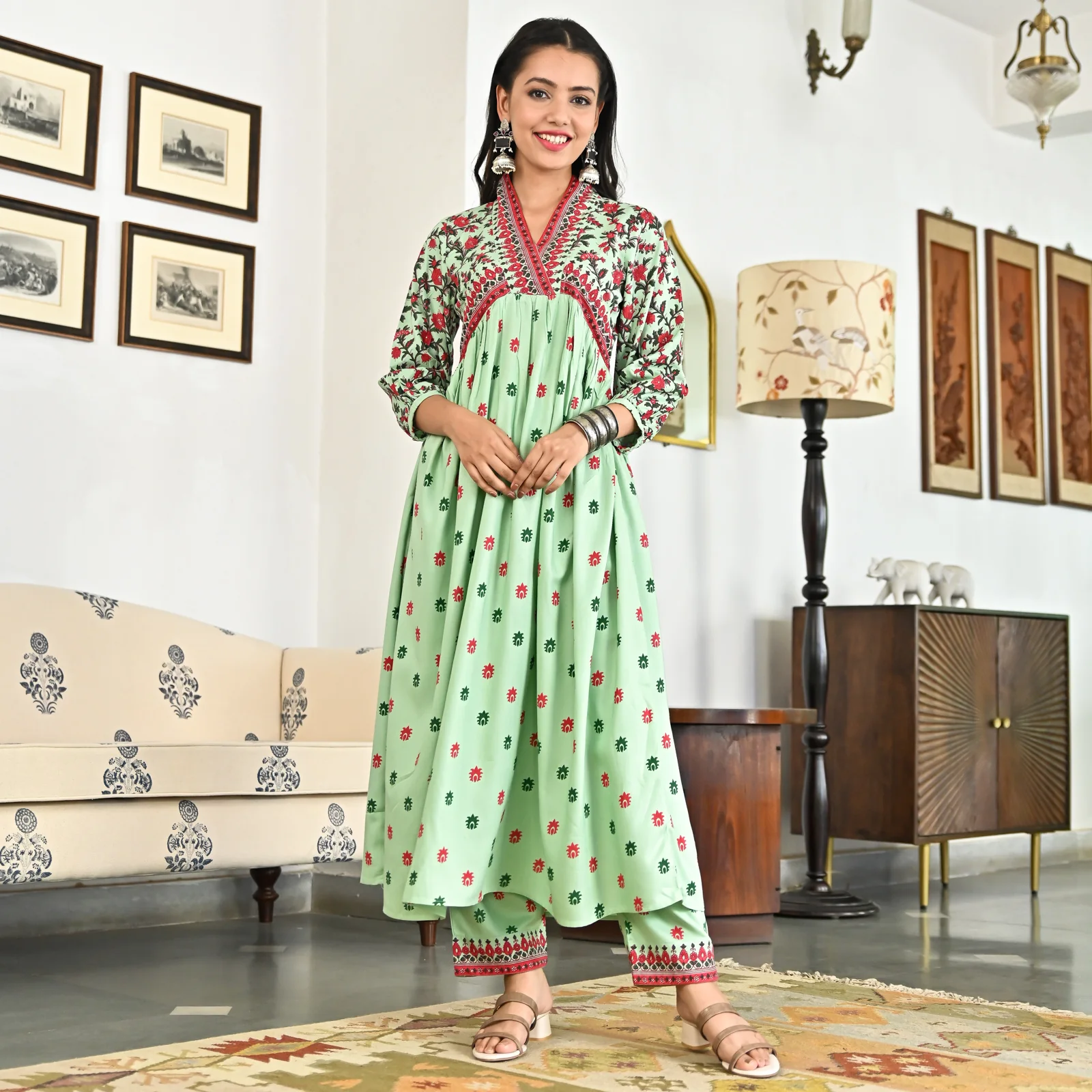 Mint Green V Neck Gathered Kurta Pant Set - Image 2