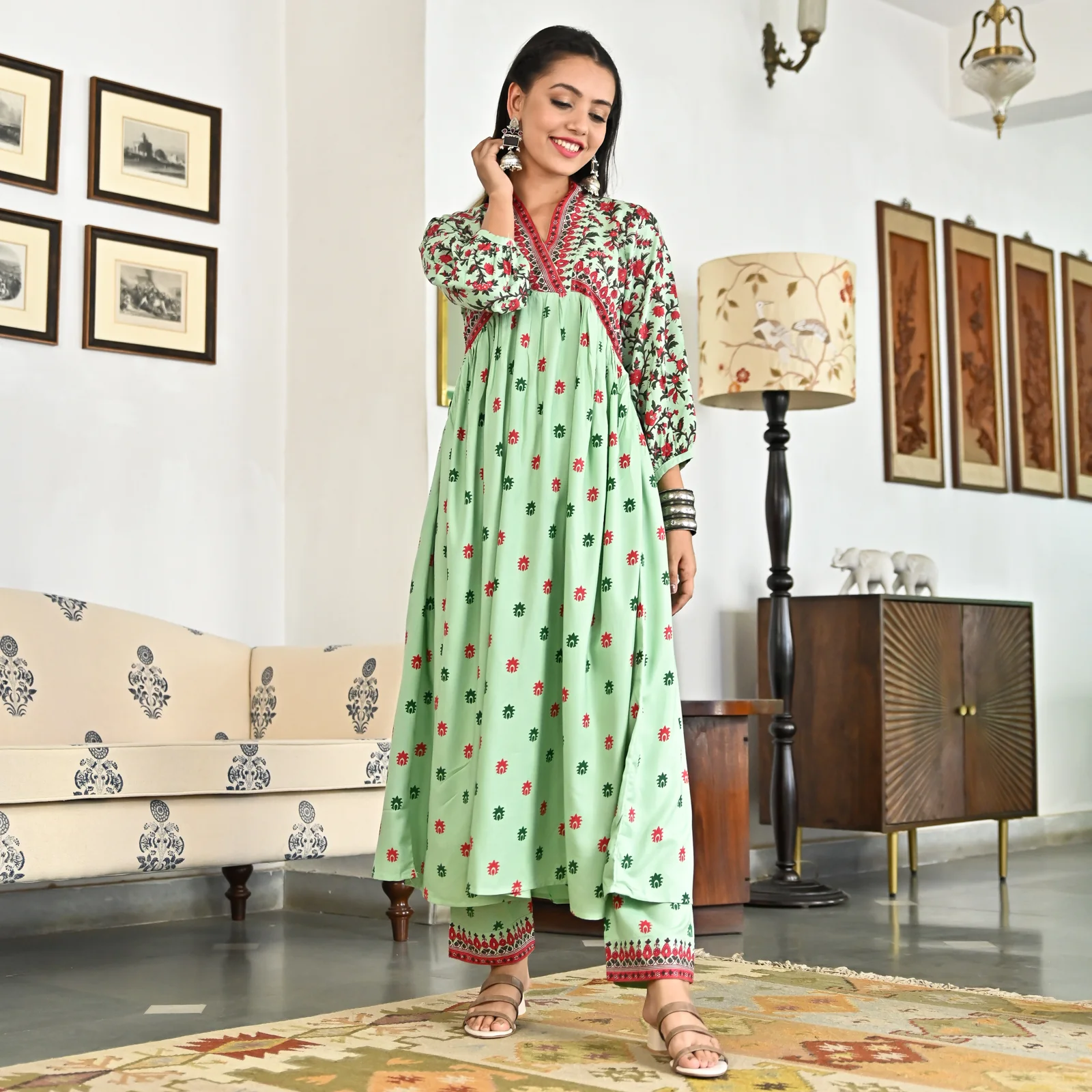 Mint Green V Neck Gathered Kurta Pant Set - Image 3