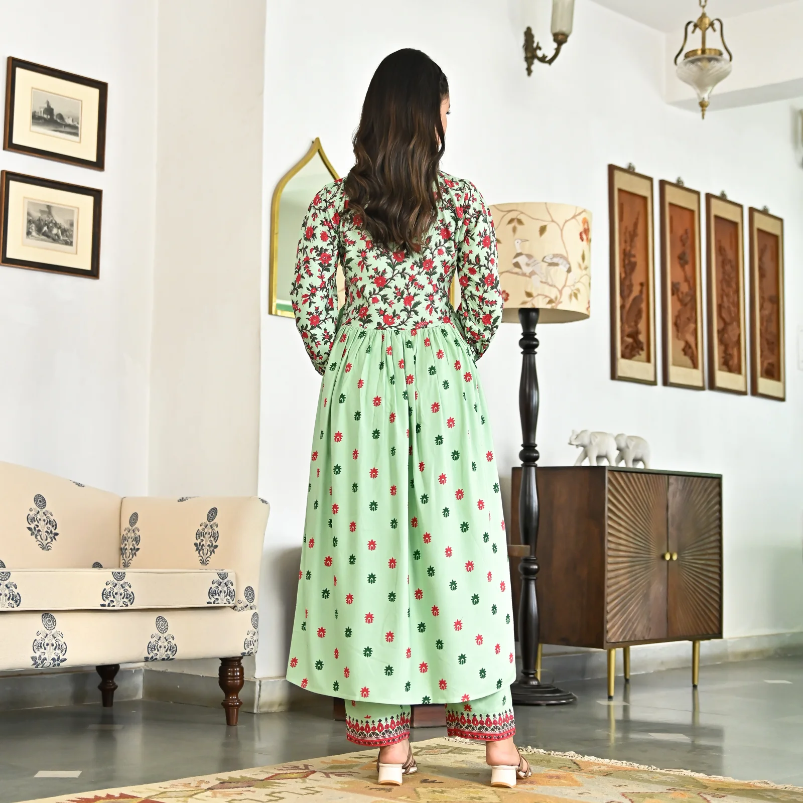 Mint Green V Neck Gathered Kurta Pant Set - Image 6