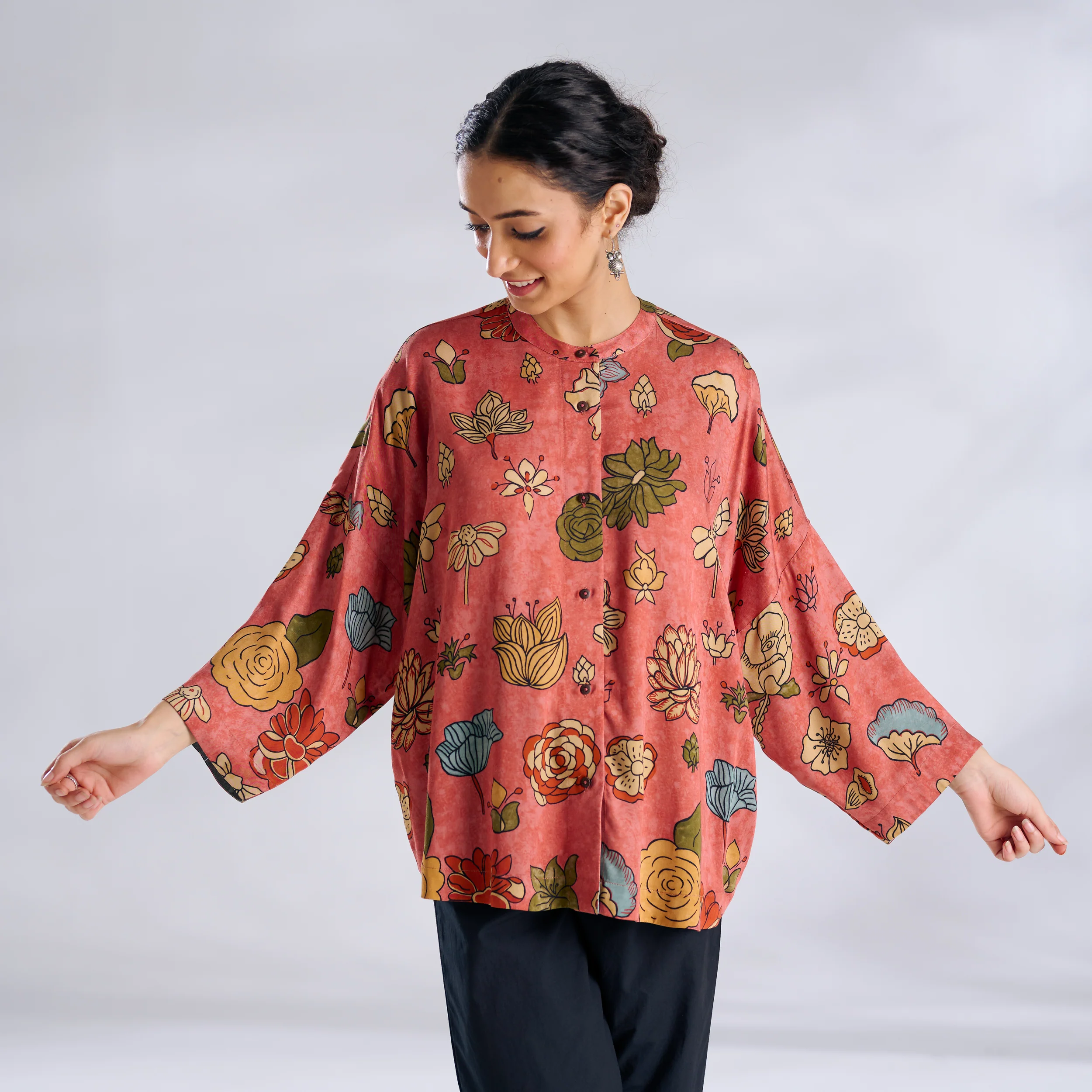 Mirin Modal Satin Oversized Shirt - Aurora Peach - Image 4