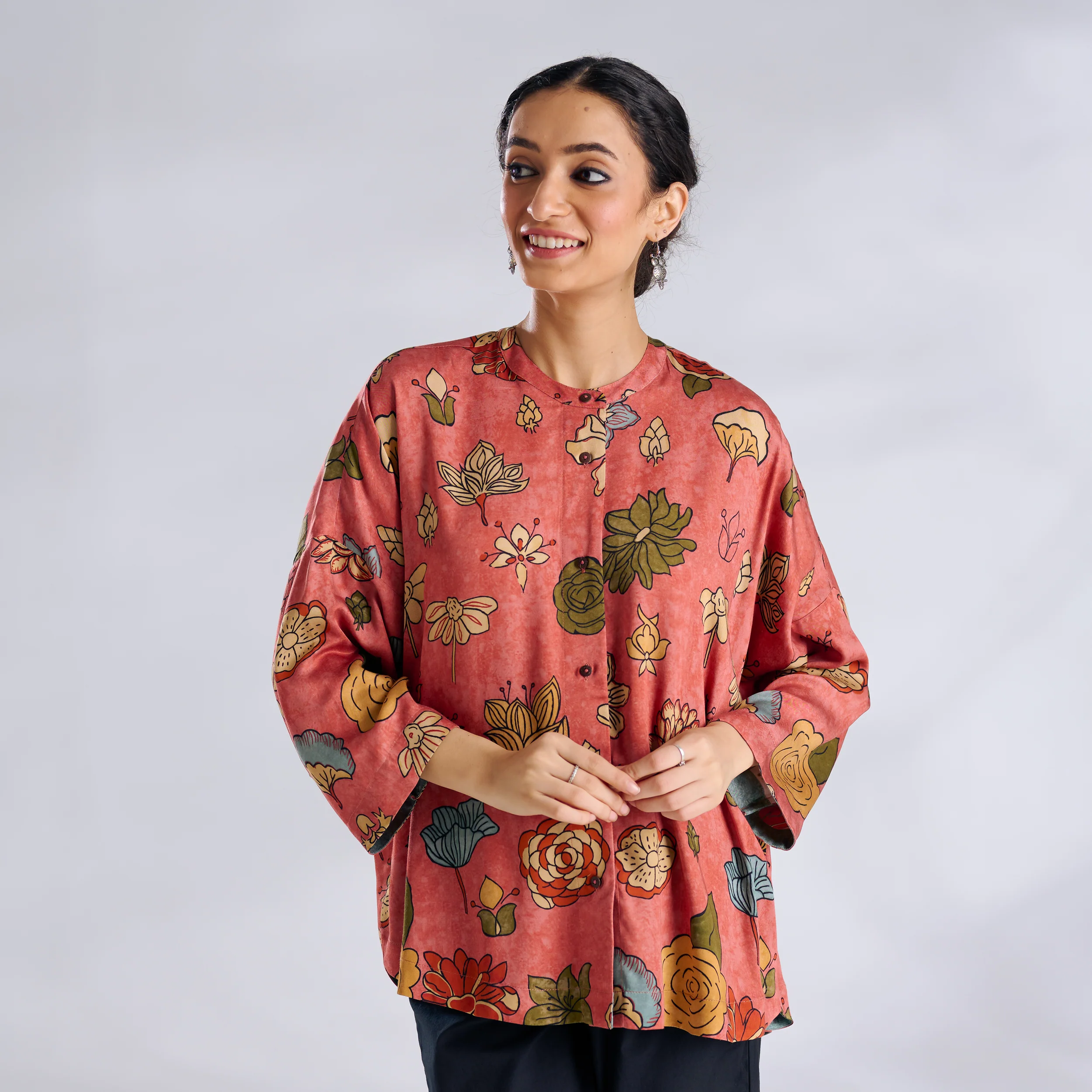 Mirin Modal Satin Oversized Shirt - Aurora Peach - Image 8