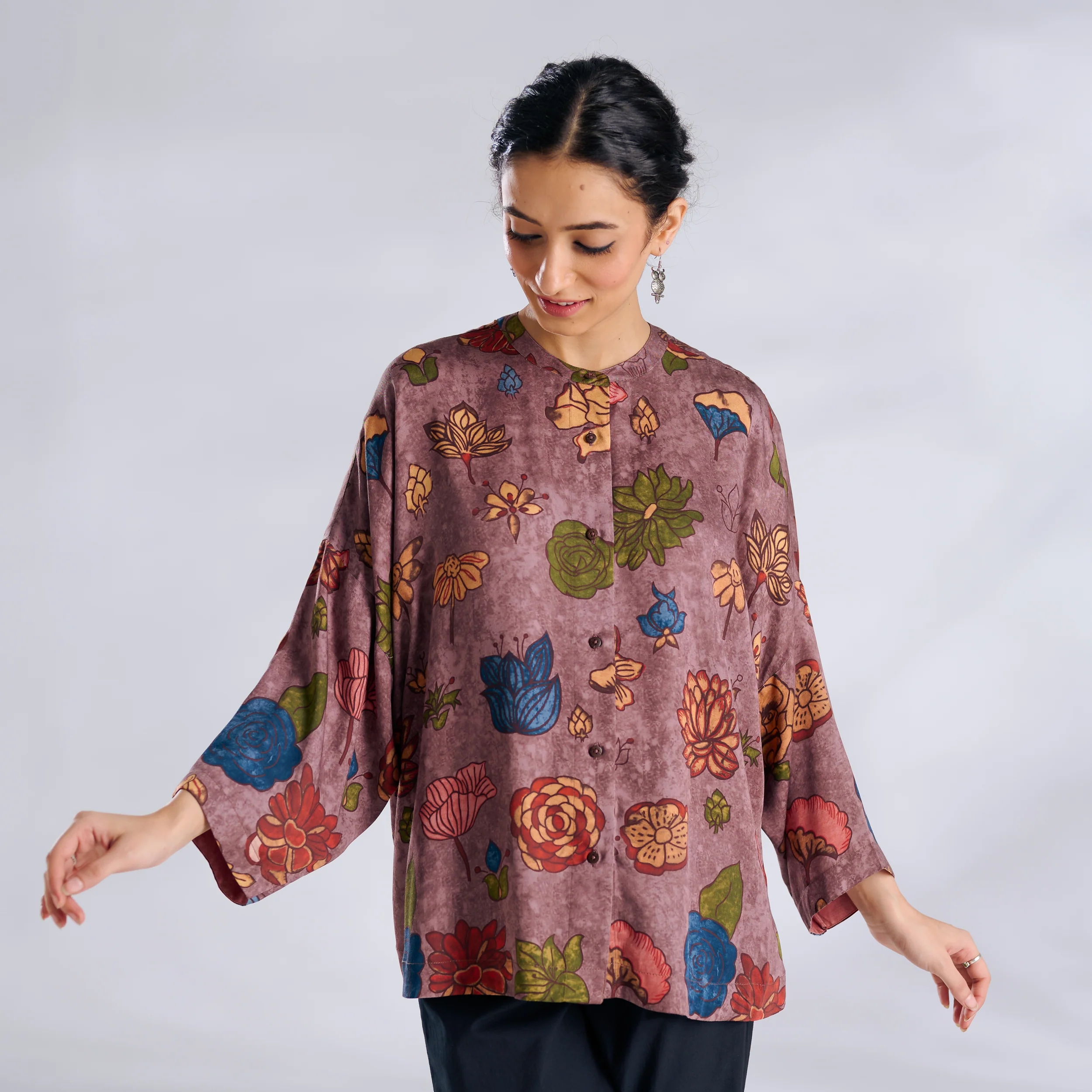 Mirin Modal Satin Oversized Shirt - Stone Grey