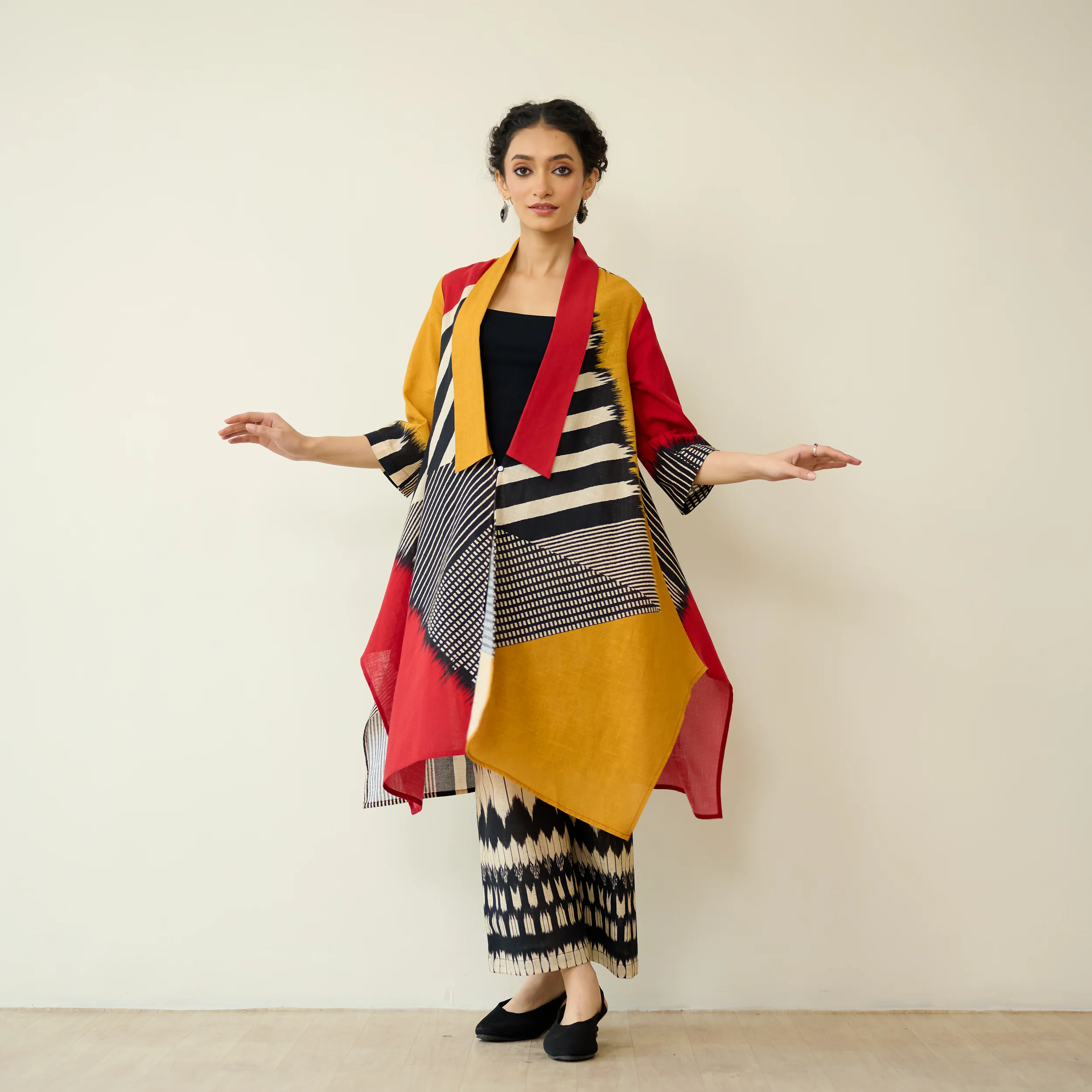 Mix and Match Slub Cotton Shrug Set - Tomato Red & Turmeric Yellow - Image 3