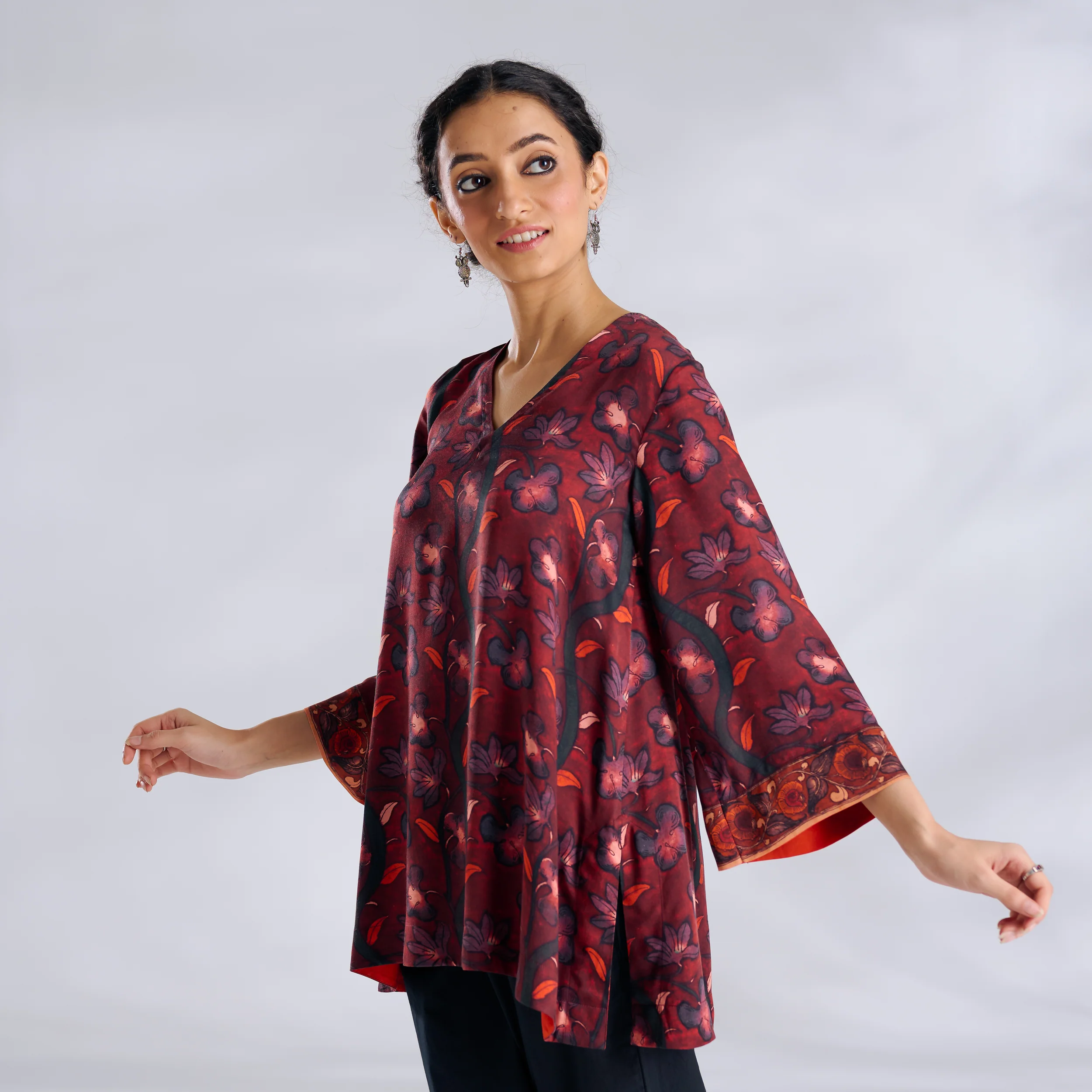 Mogra Modal Satin Tunic - Maroon - Image 4