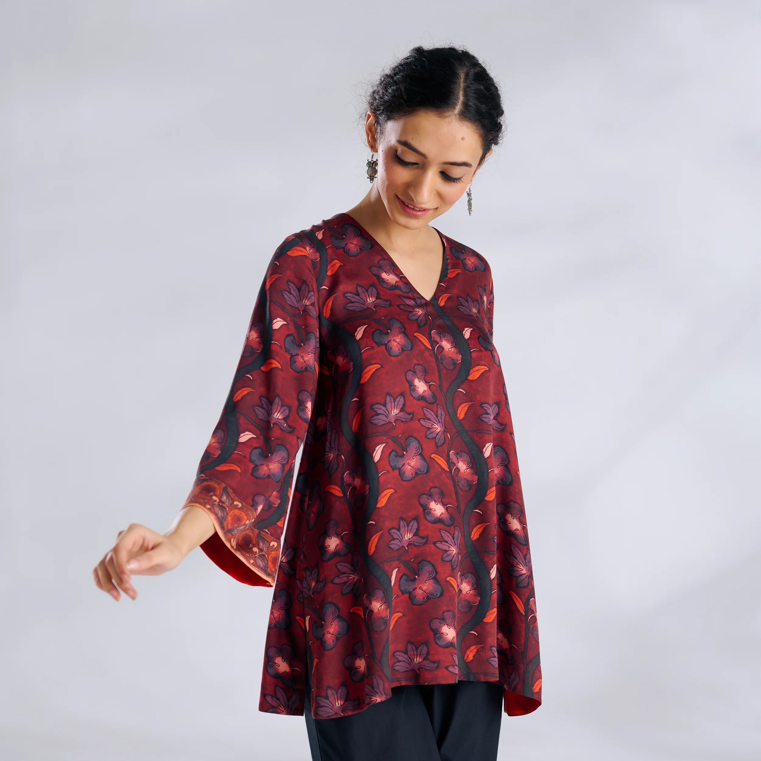Mogra Modal Satin Tunic - Maroon - Image 5