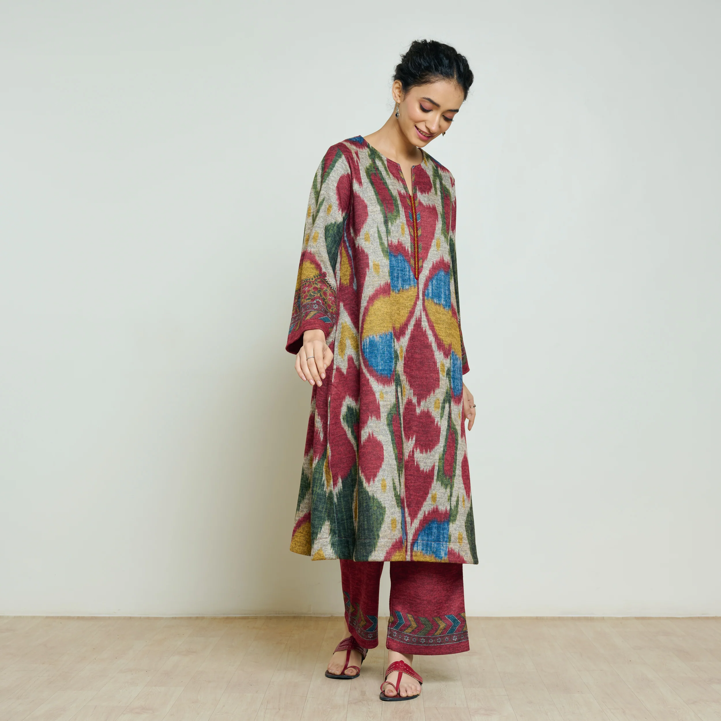 Moonara Hand Embroidered Woollen Kurta - Beige - Image 10