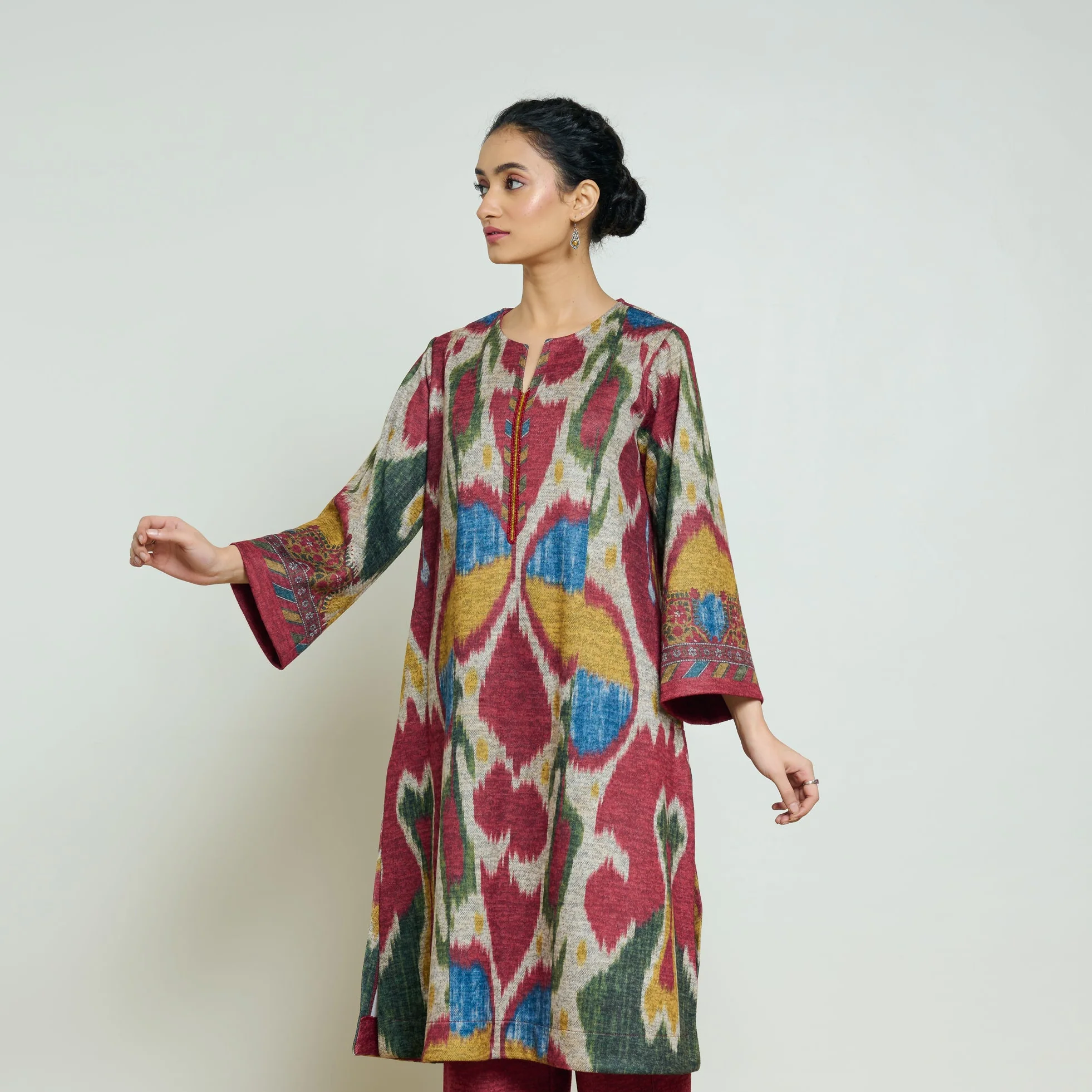 Moonara Hand Embroidered Woollen Kurta - Beige - Image 9