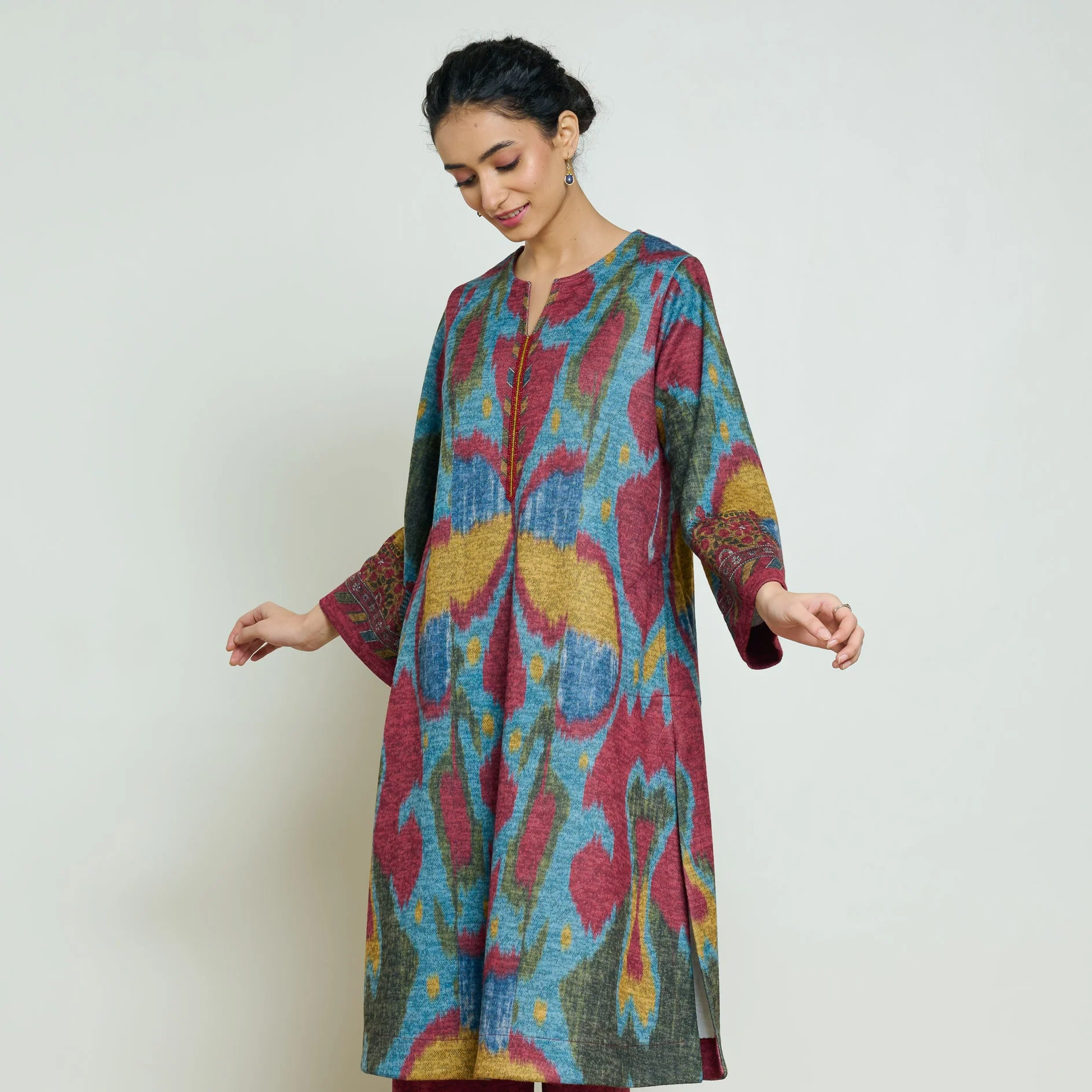 Moonara Hand Embroidered Woollen Kurta - Ocean Blue - Image 3