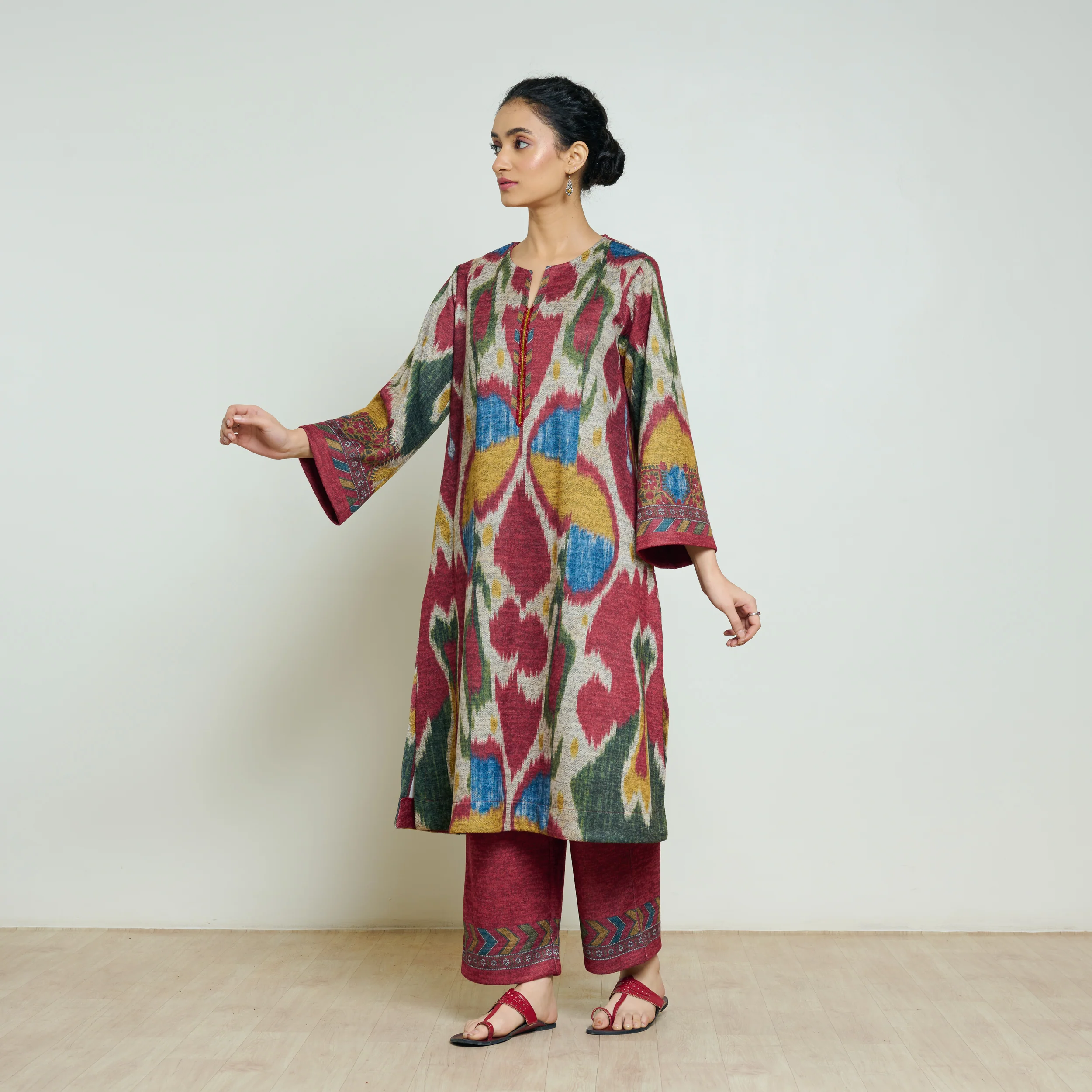 Moonara Hand Embroidered Woollen Kurta Set - Beige - Image 7