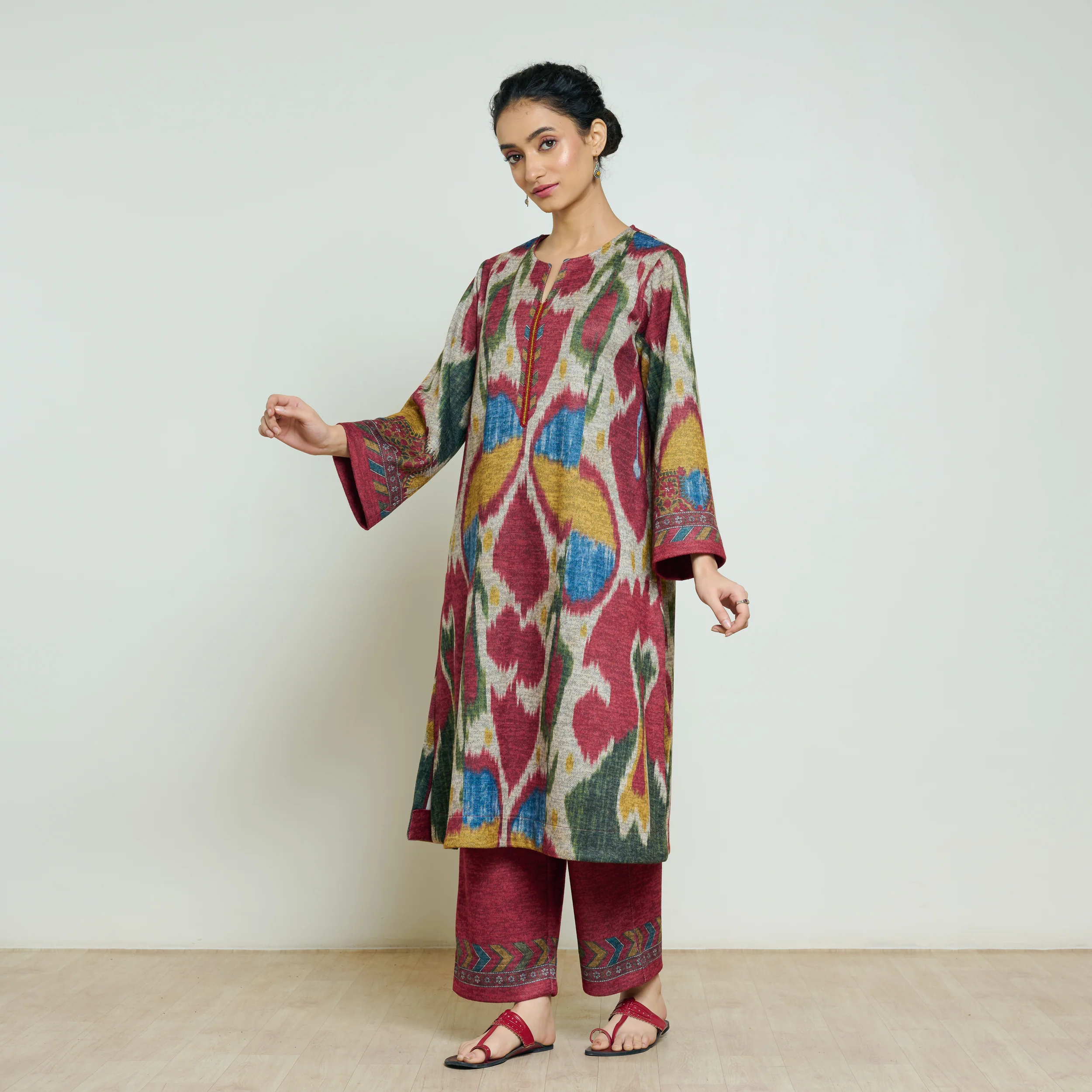 Moonara Hand Embroidered Woollen Kurta Set - Beige - Image 8