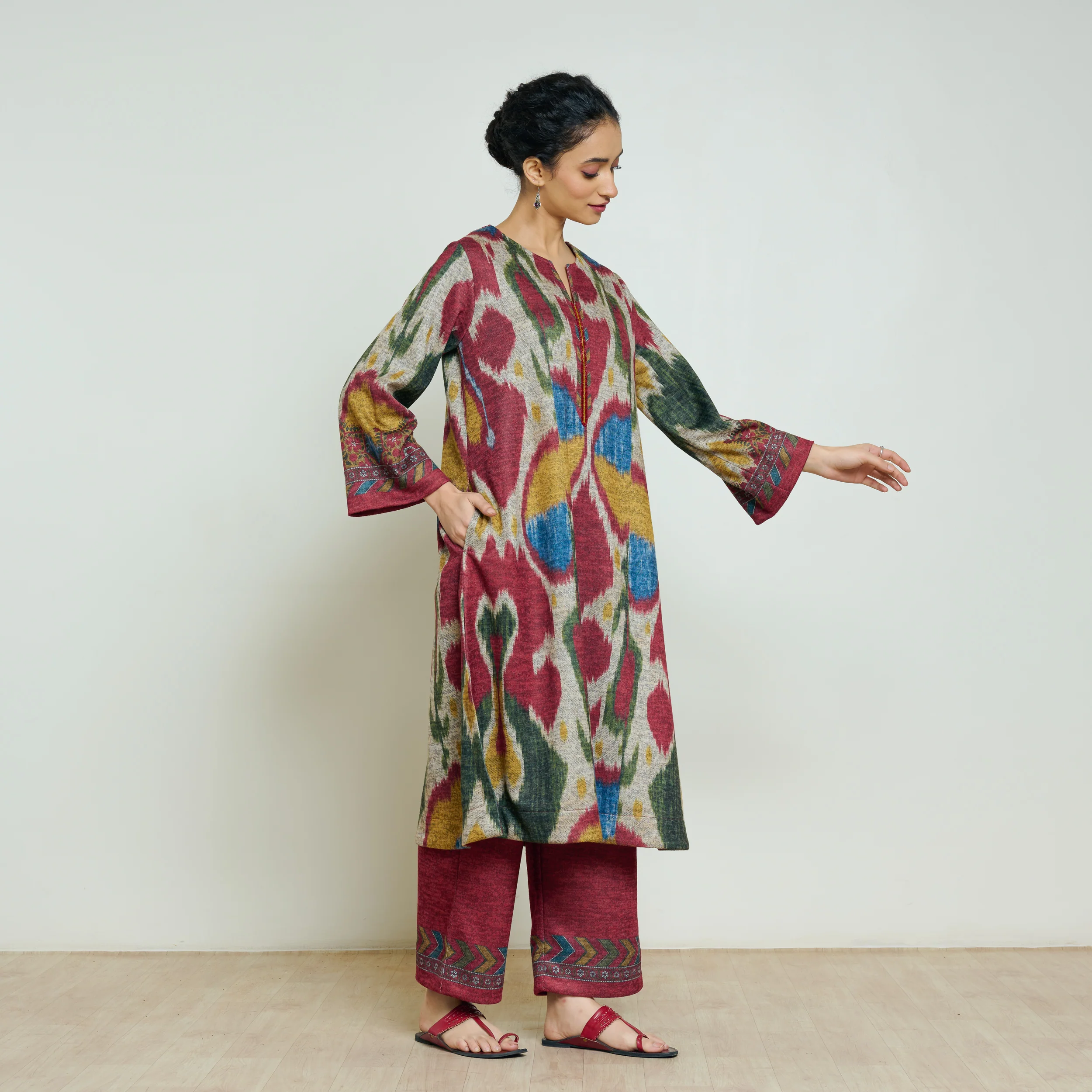 Moonara Hand Embroidered Woollen Kurta Set - Beige - Image 9