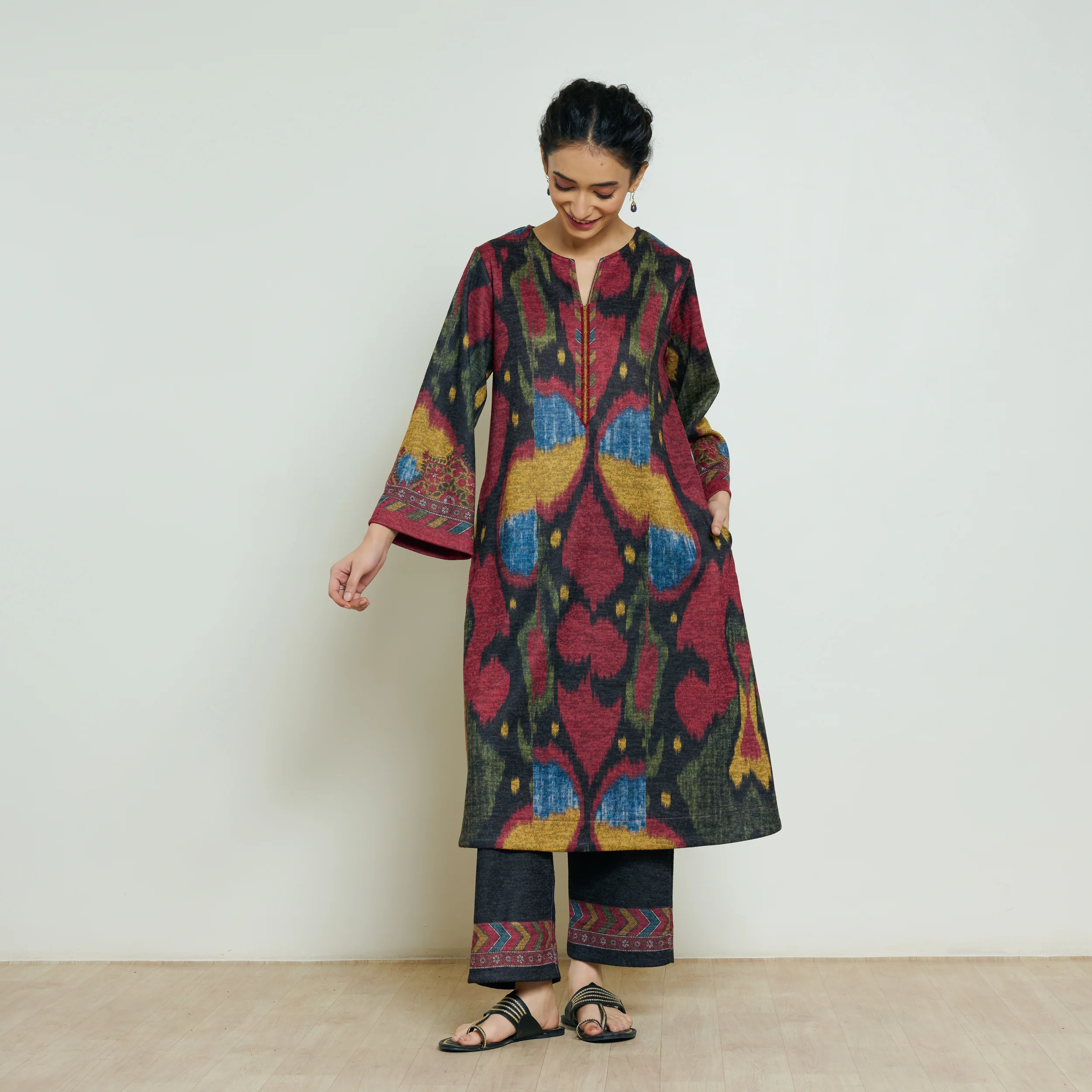 Moonara Hand Embroidered Woollen Kurta Set - Black