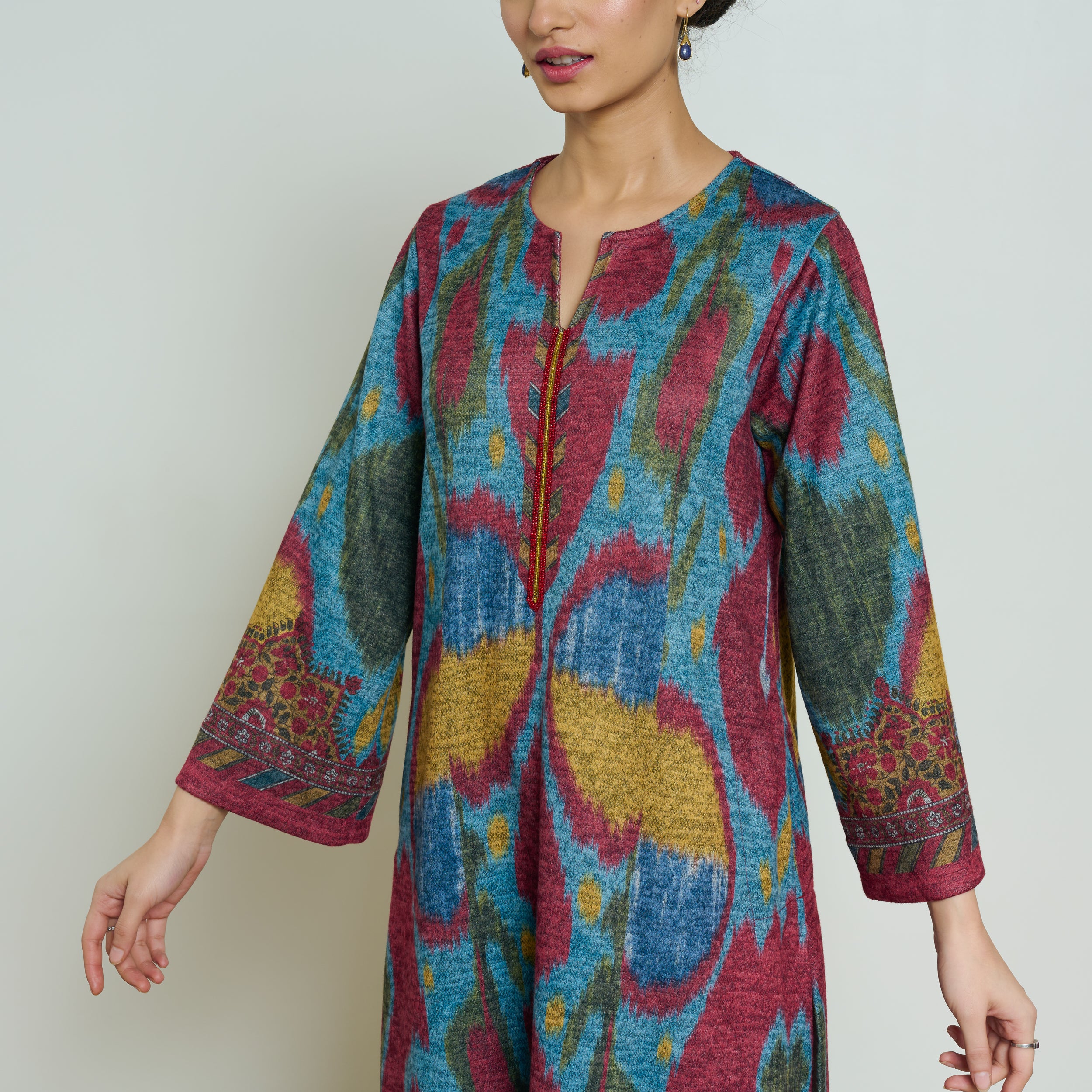 Moonara Hand Embroidered Woollen Kurta Set - Ocean Blue - Image 4