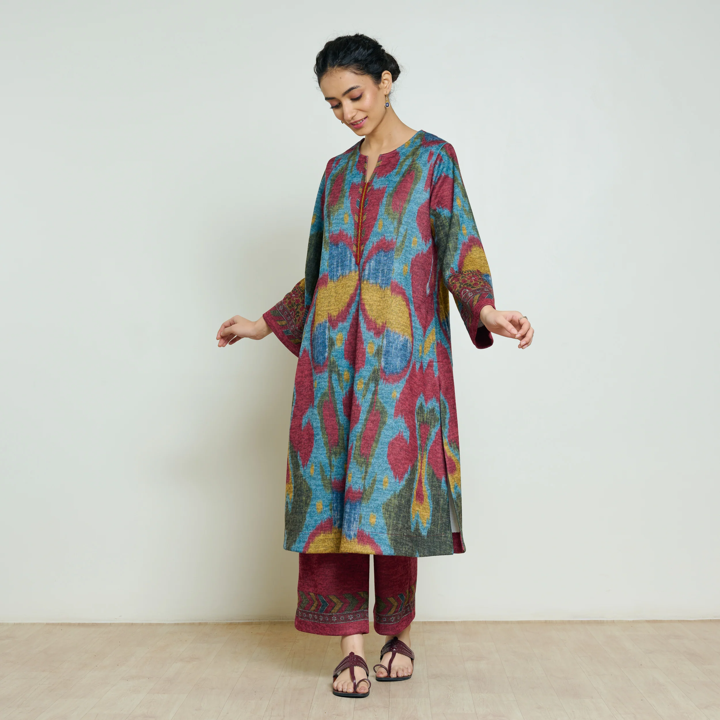 Moonara Hand Embroidered Woollen Kurta Set - Ocean Blue - Image 5