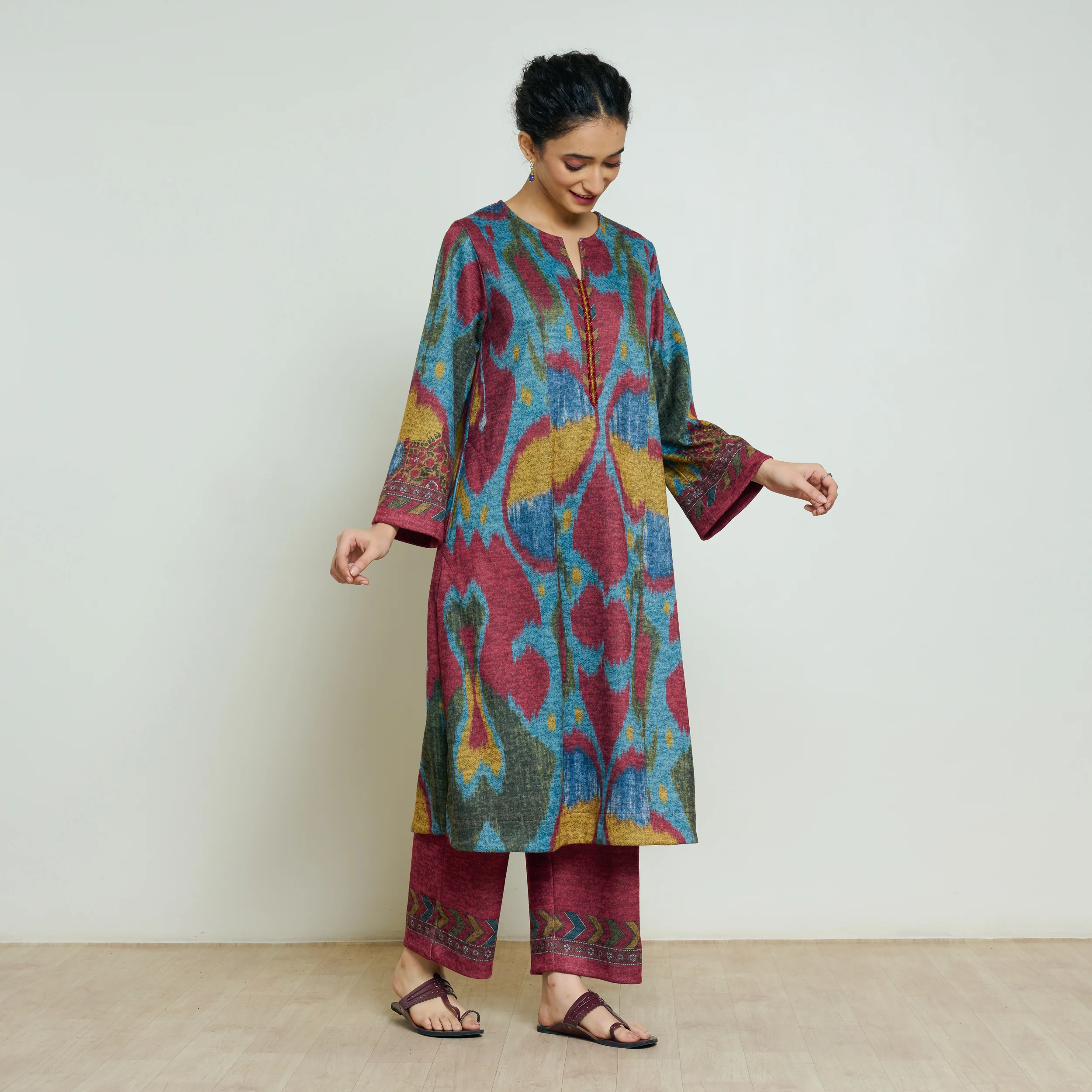 Moonara Hand Embroidered Woollen Kurta Set - Ocean Blue - Image 9