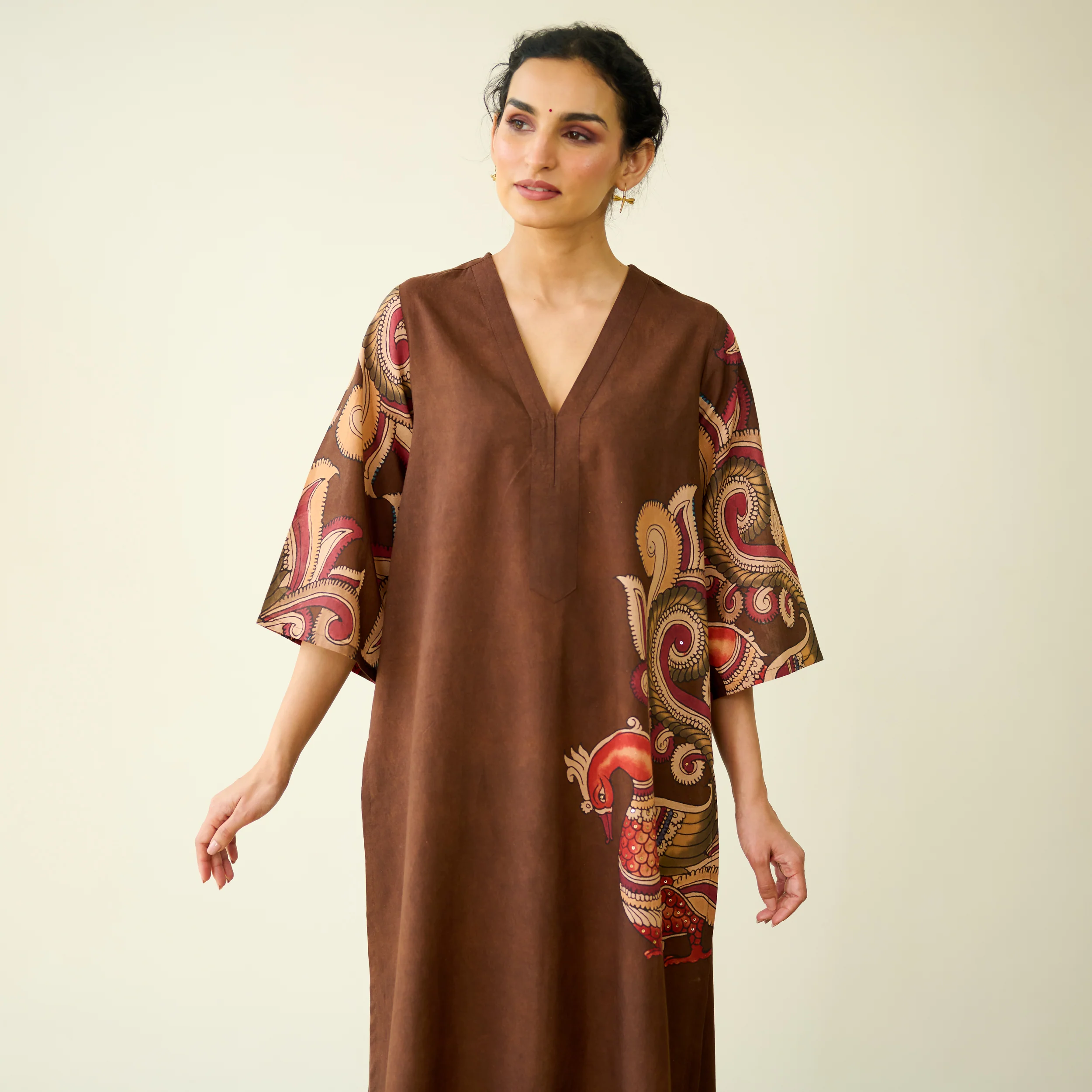 Morni Hand Embroidered Mulmul Cotton Kurta - Brown - Image 3