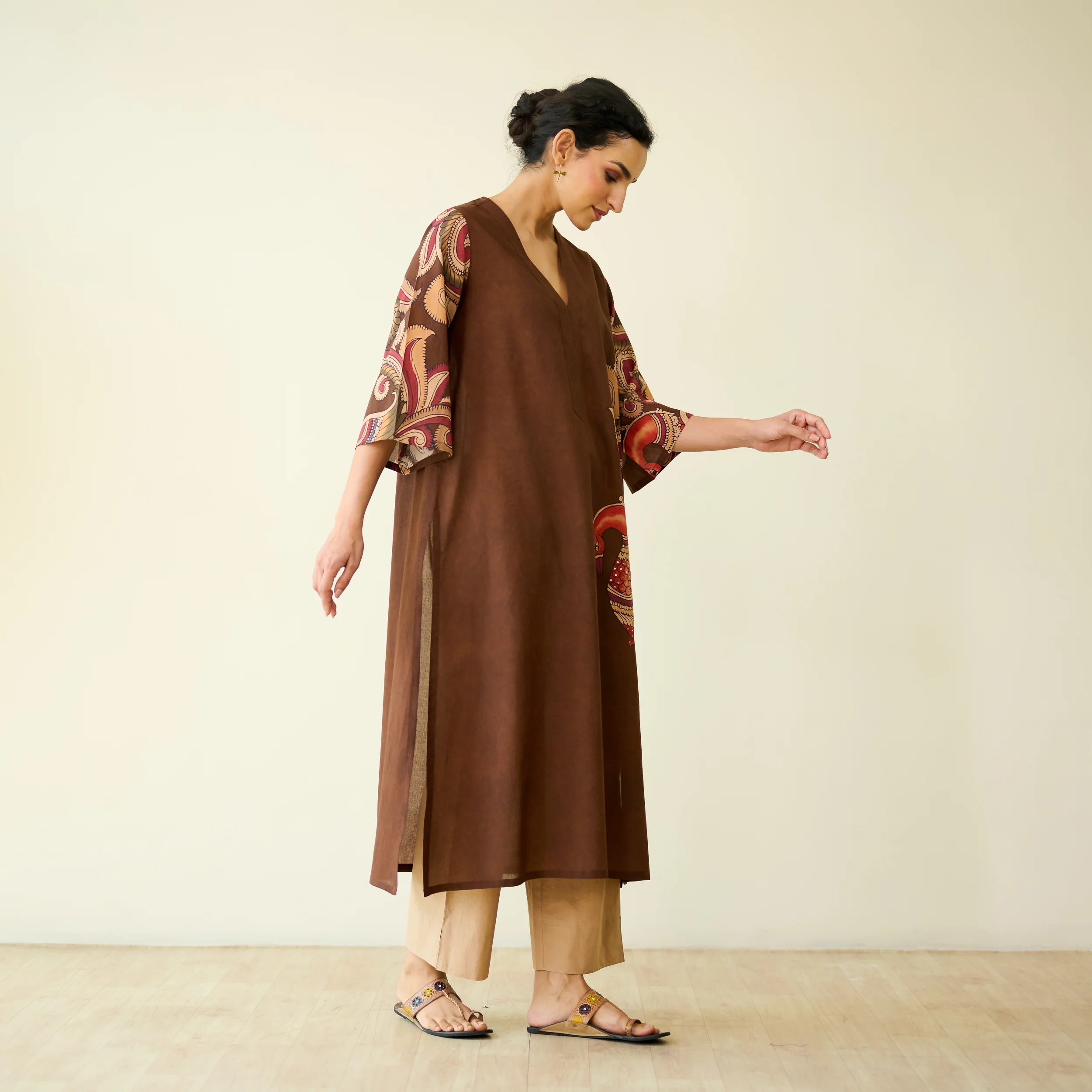 Morni Hand Embroidered Mulmul Cotton Kurta - Brown - Image 7