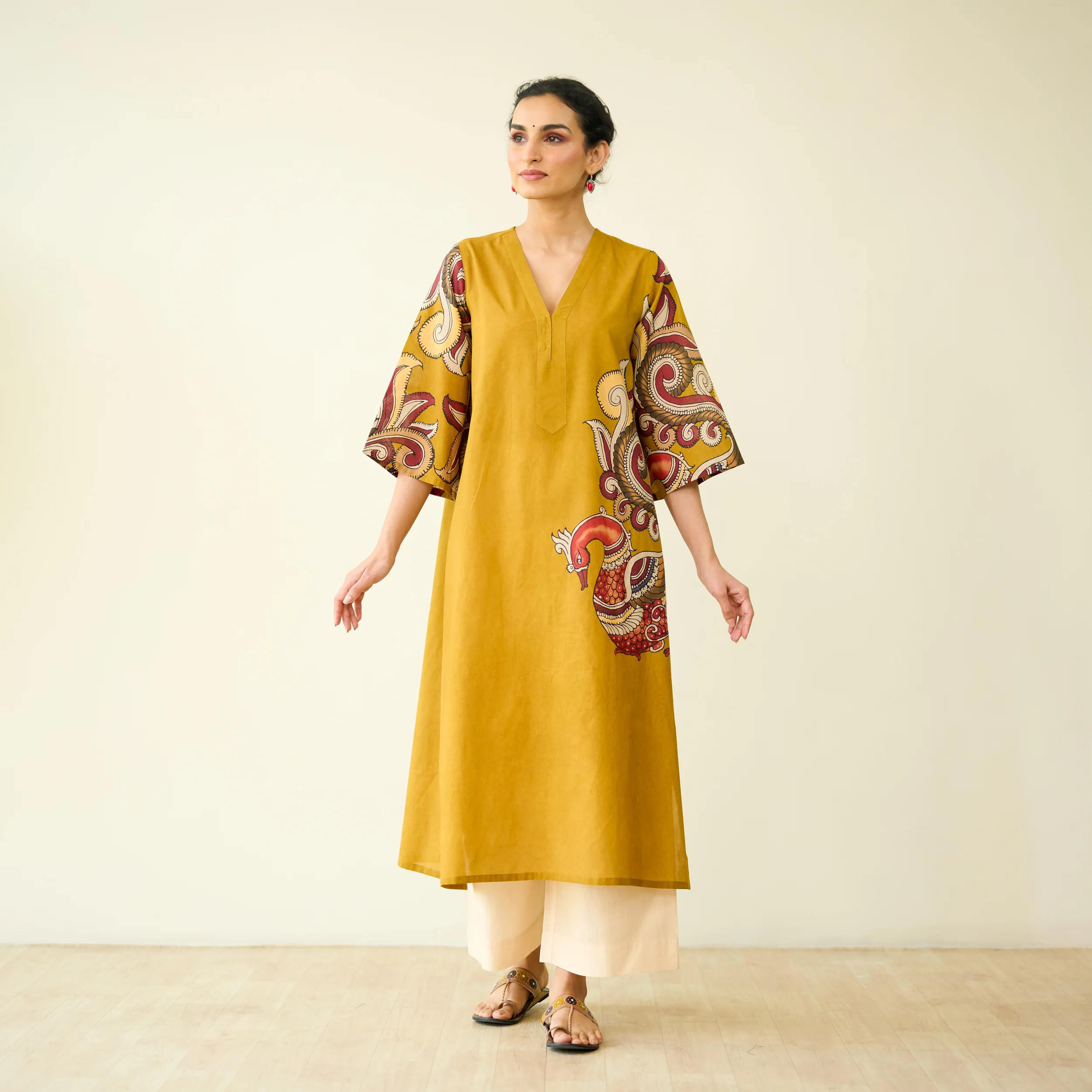 Morni Hand Embroidered Mulmul Cotton Kurta - Mustard - Image 3