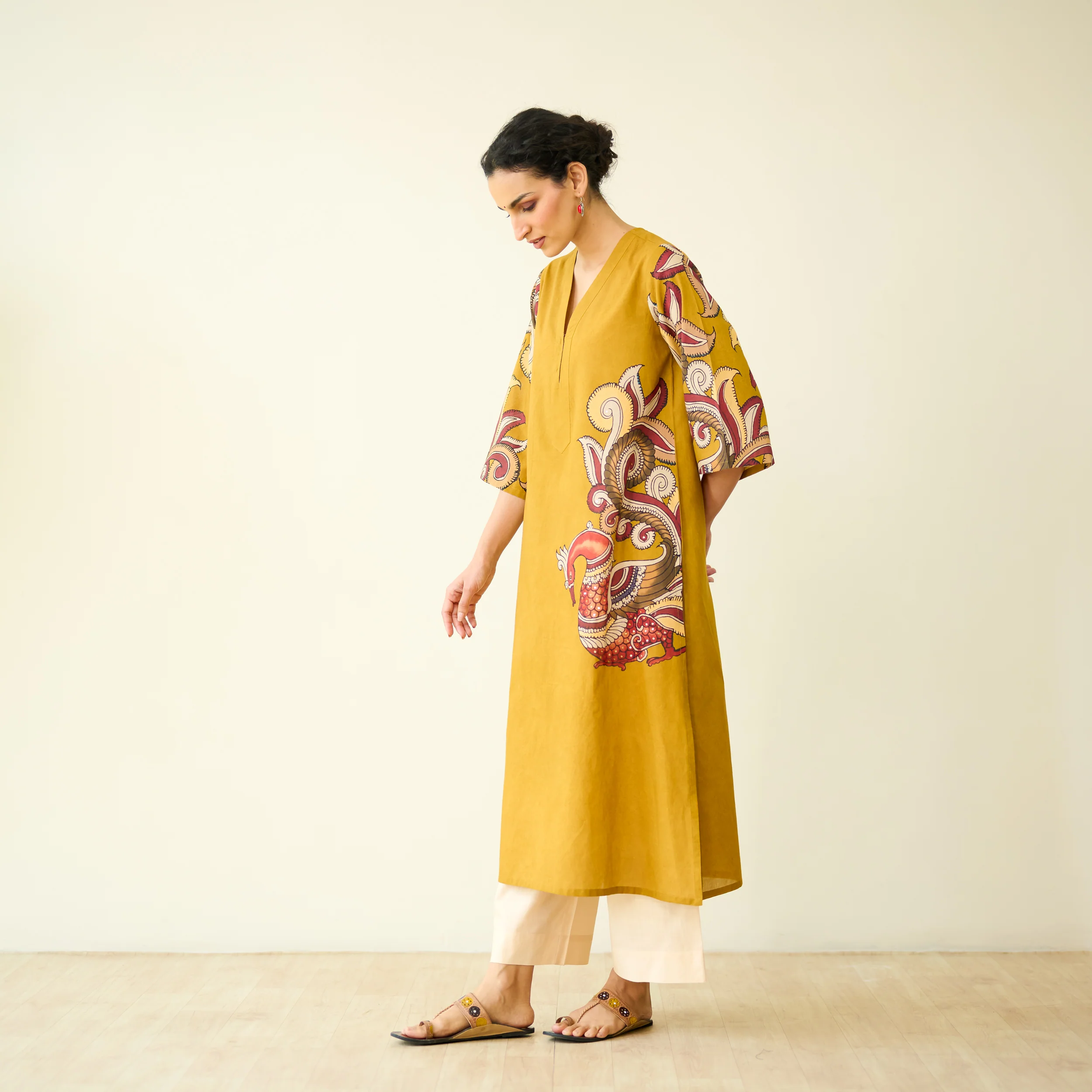 Morni Hand Embroidered Mulmul Cotton Kurta - Mustard - Image 4