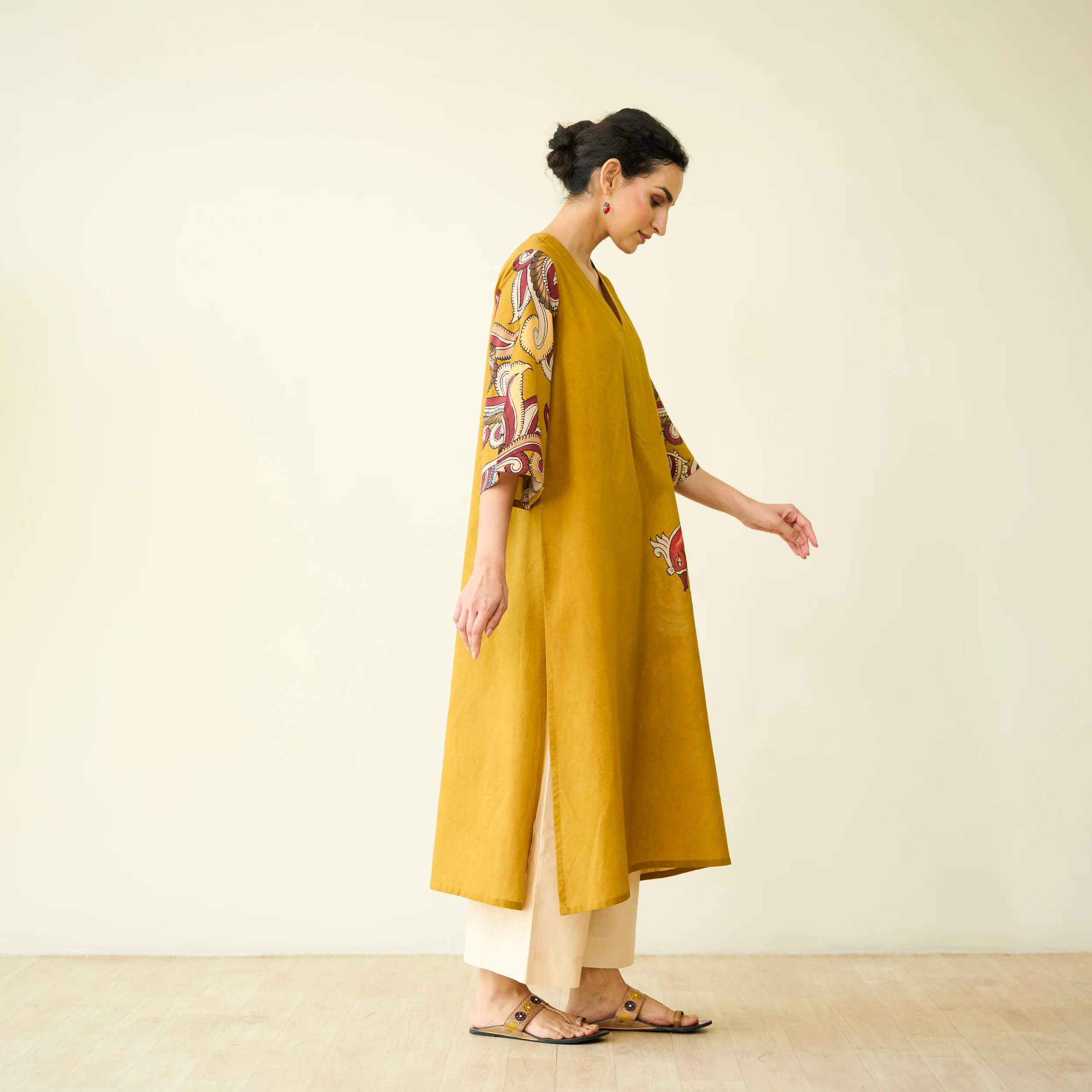Morni Hand Embroidered Mulmul Cotton Kurta - Mustard - Image 6