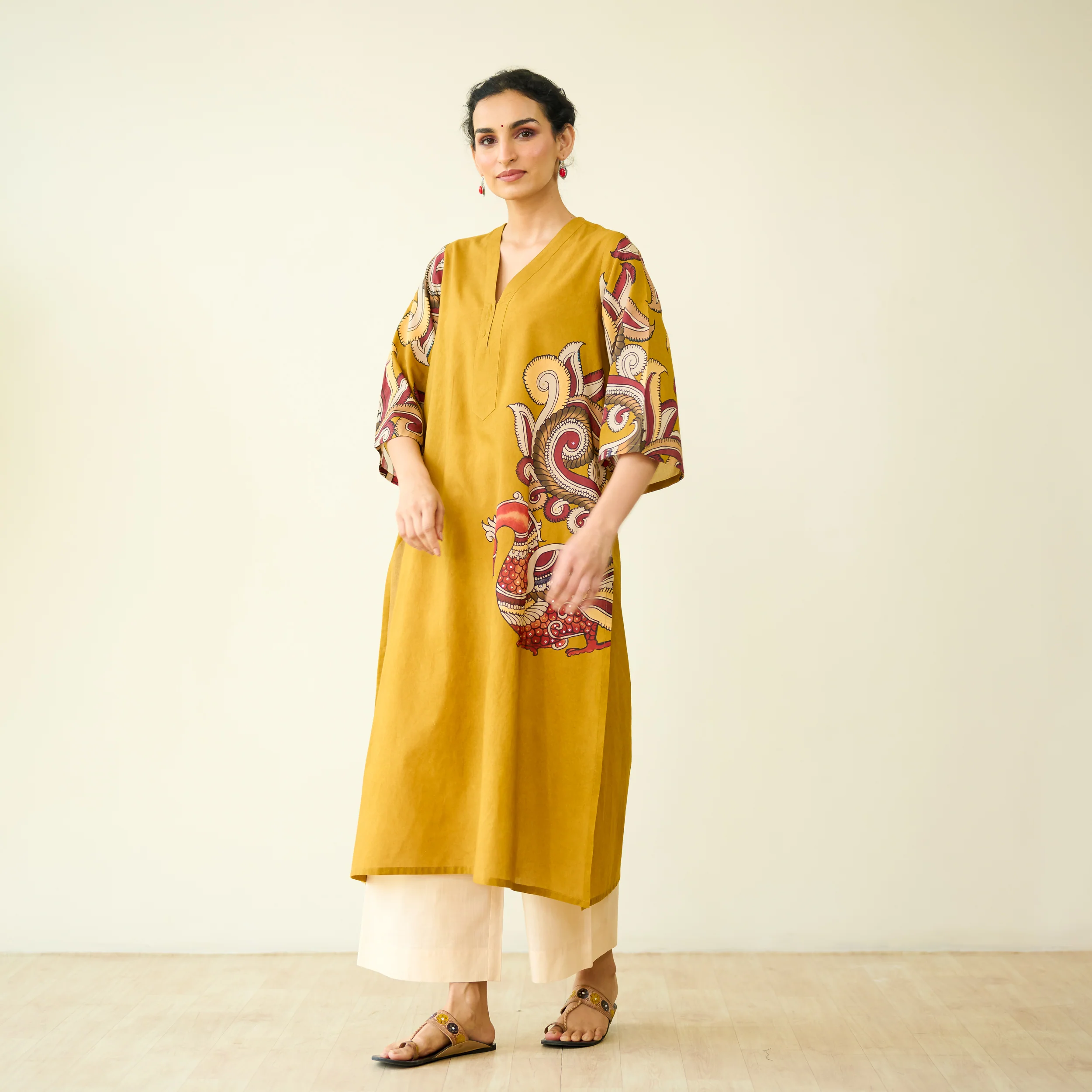 Morni Hand Embroidered Mulmul Cotton Kurta - Mustard - Image 7